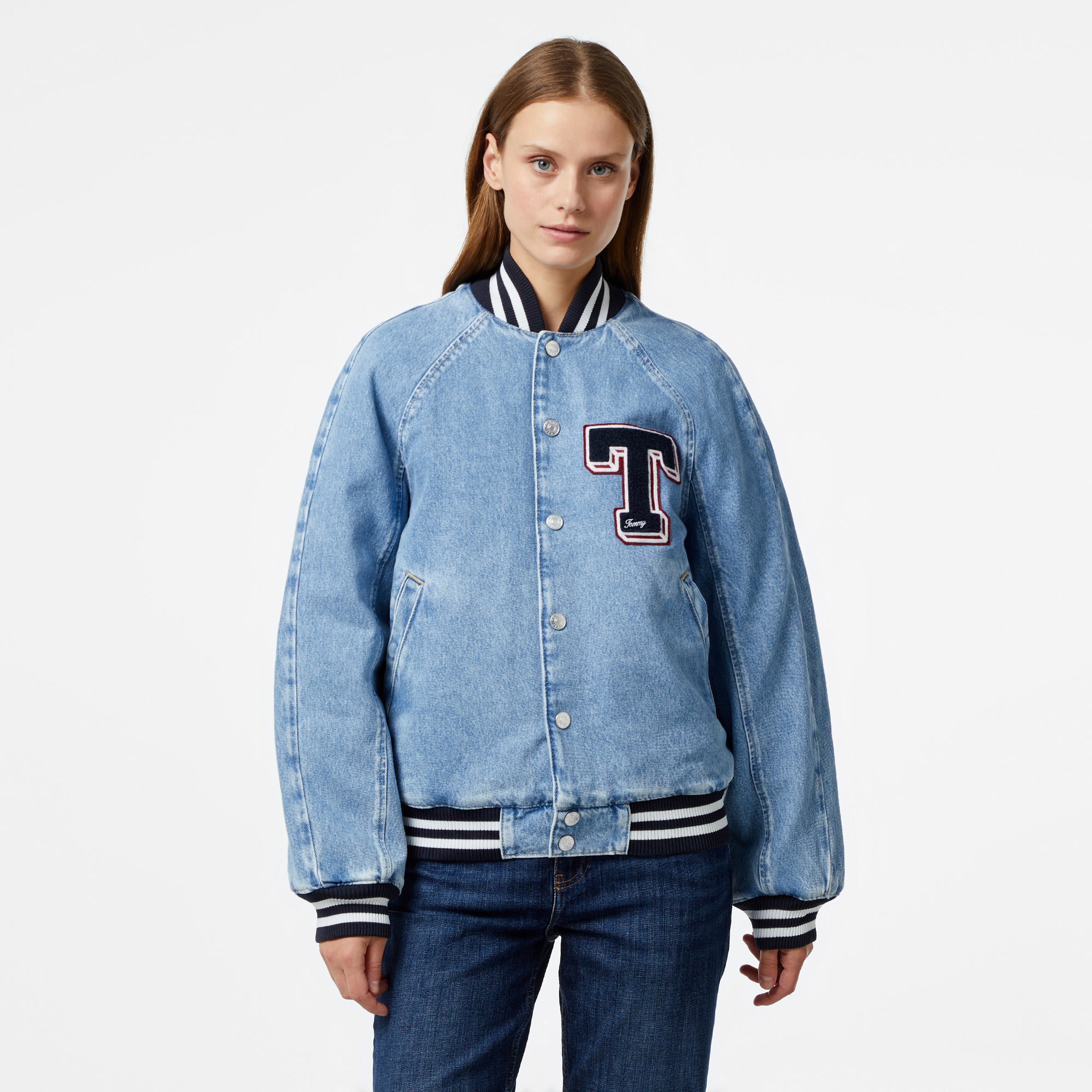 Tommy Hilfiger Jeans Letterman Denım Ch7011 Kadın Mavi Bomber Ceket