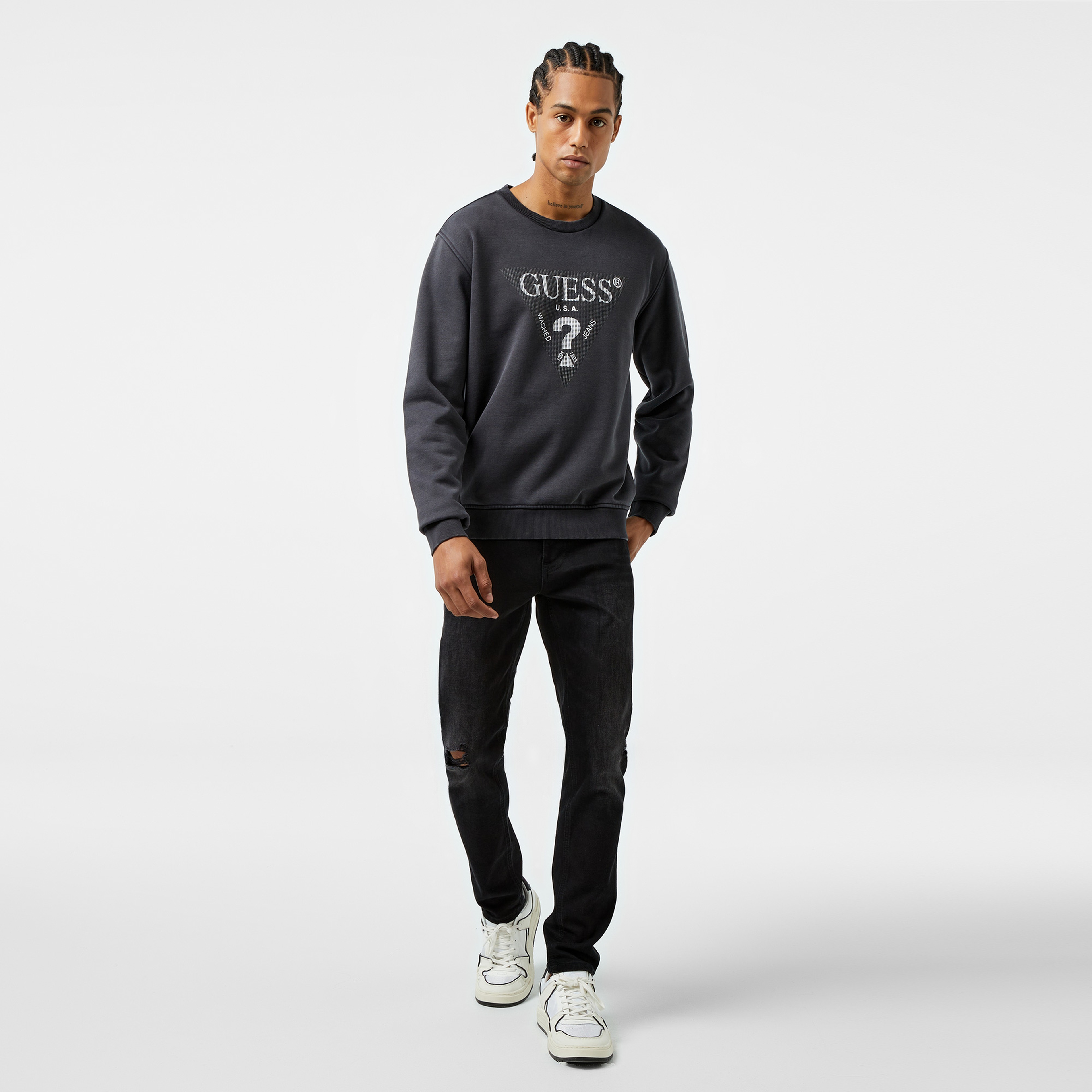 Guess Treated Triangle Diagonal Brush Fleece Erkek Siyah Sweatshirt