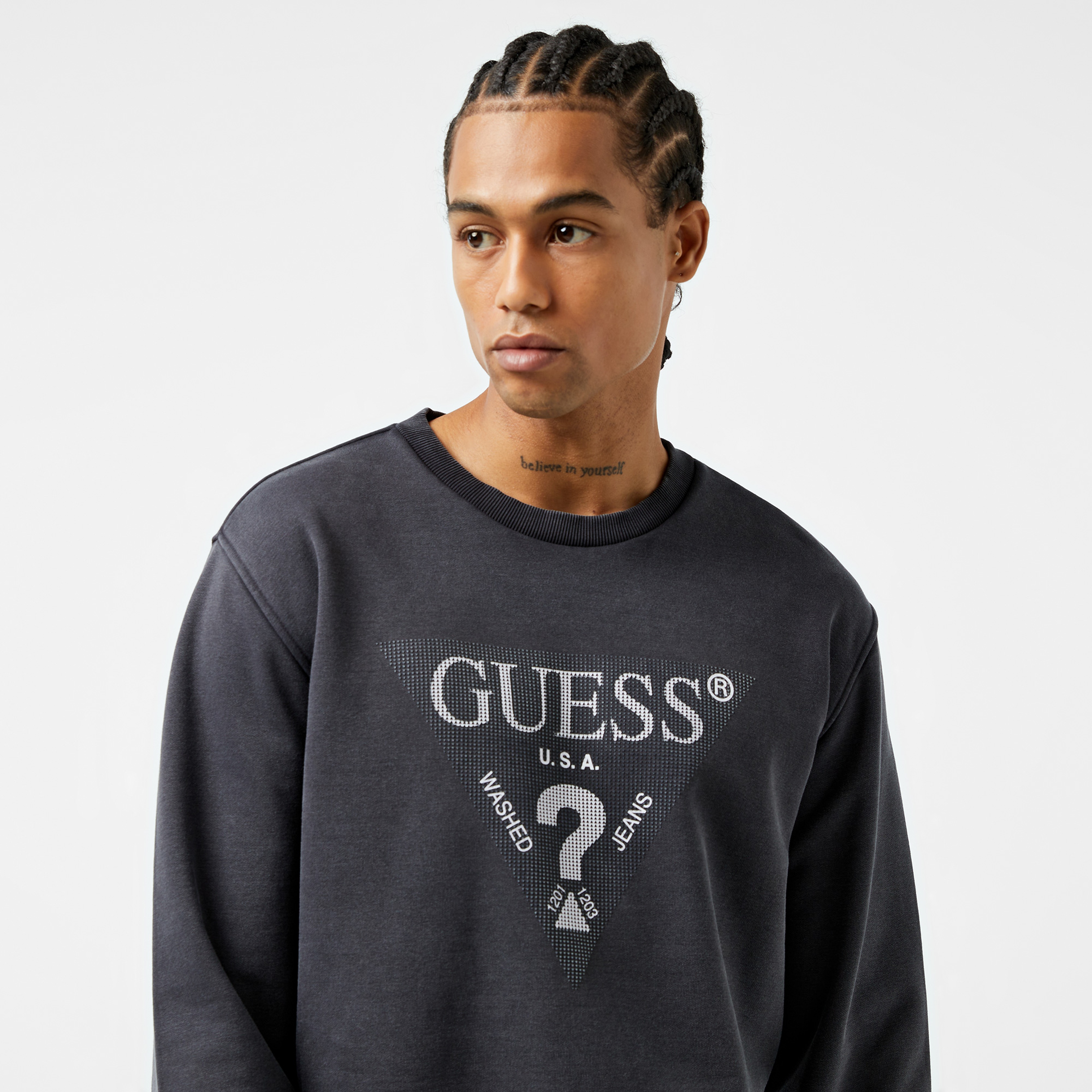 Guess Treated Triangle Diagonal Brush Fleece Erkek Siyah Sweatshirt
