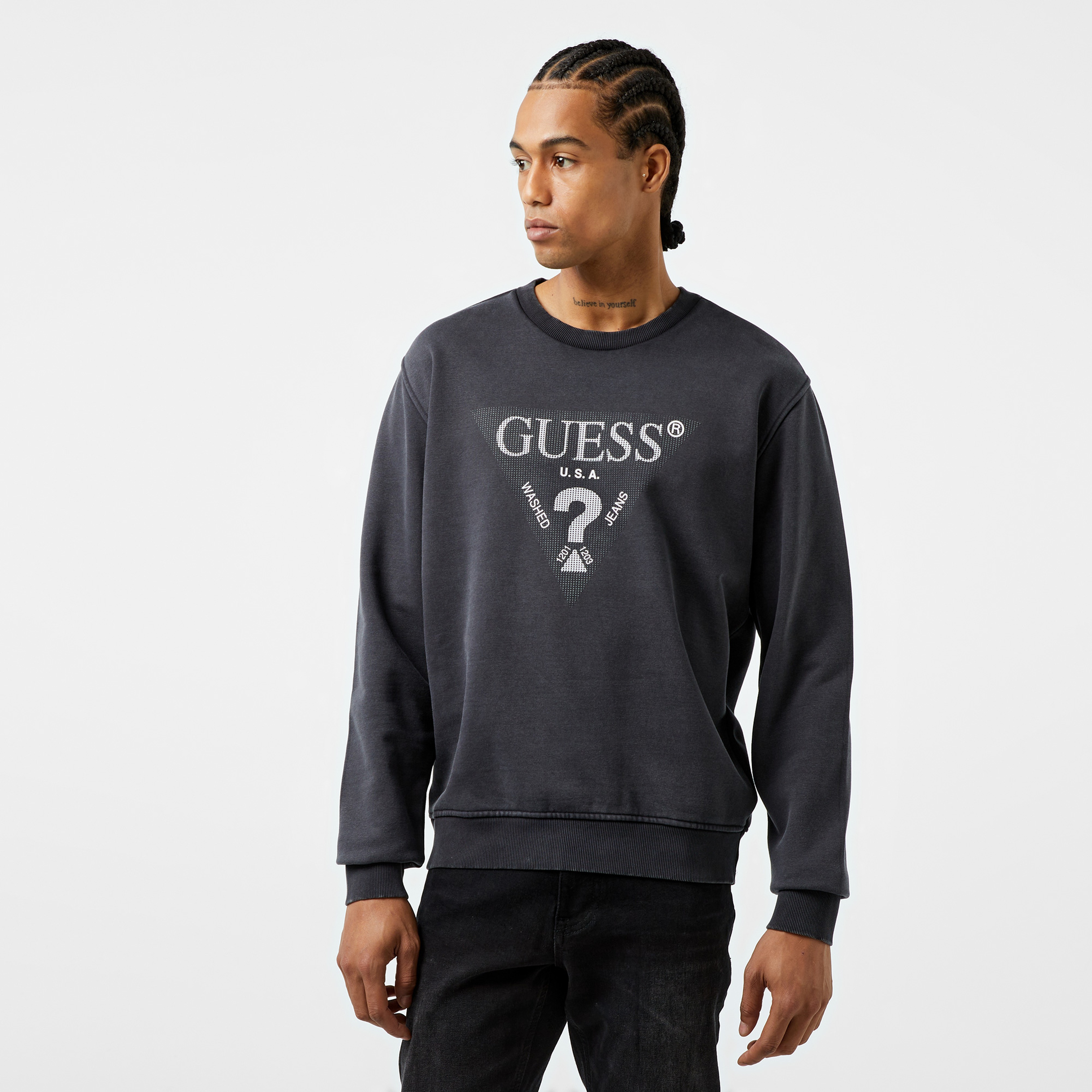 Guess Treated Triangle Diagonal Brush Fleece Erkek Siyah Sweatshirt