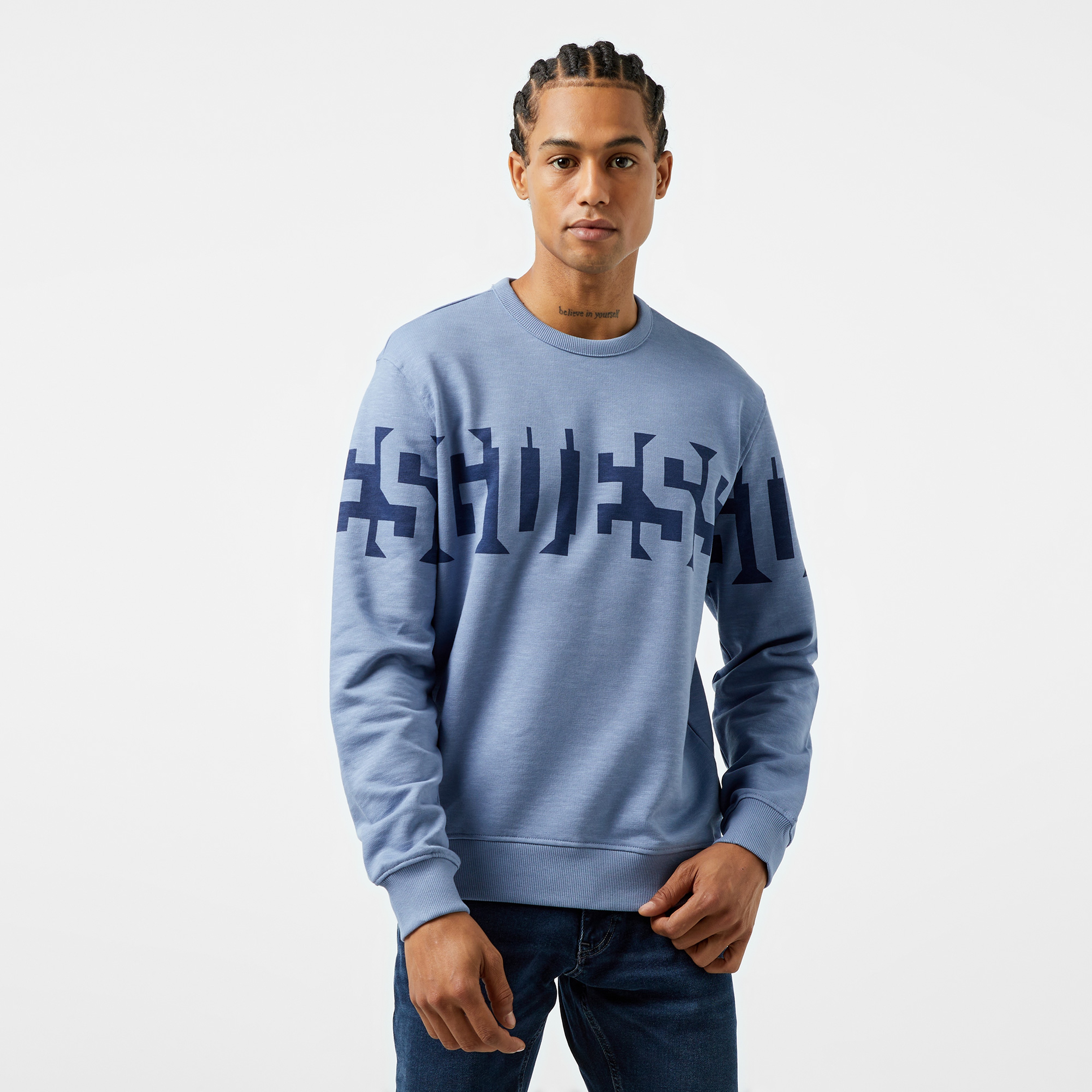Guess Orizontal Logo Slub Terry 365 Erkek Mavi Sweatshirt