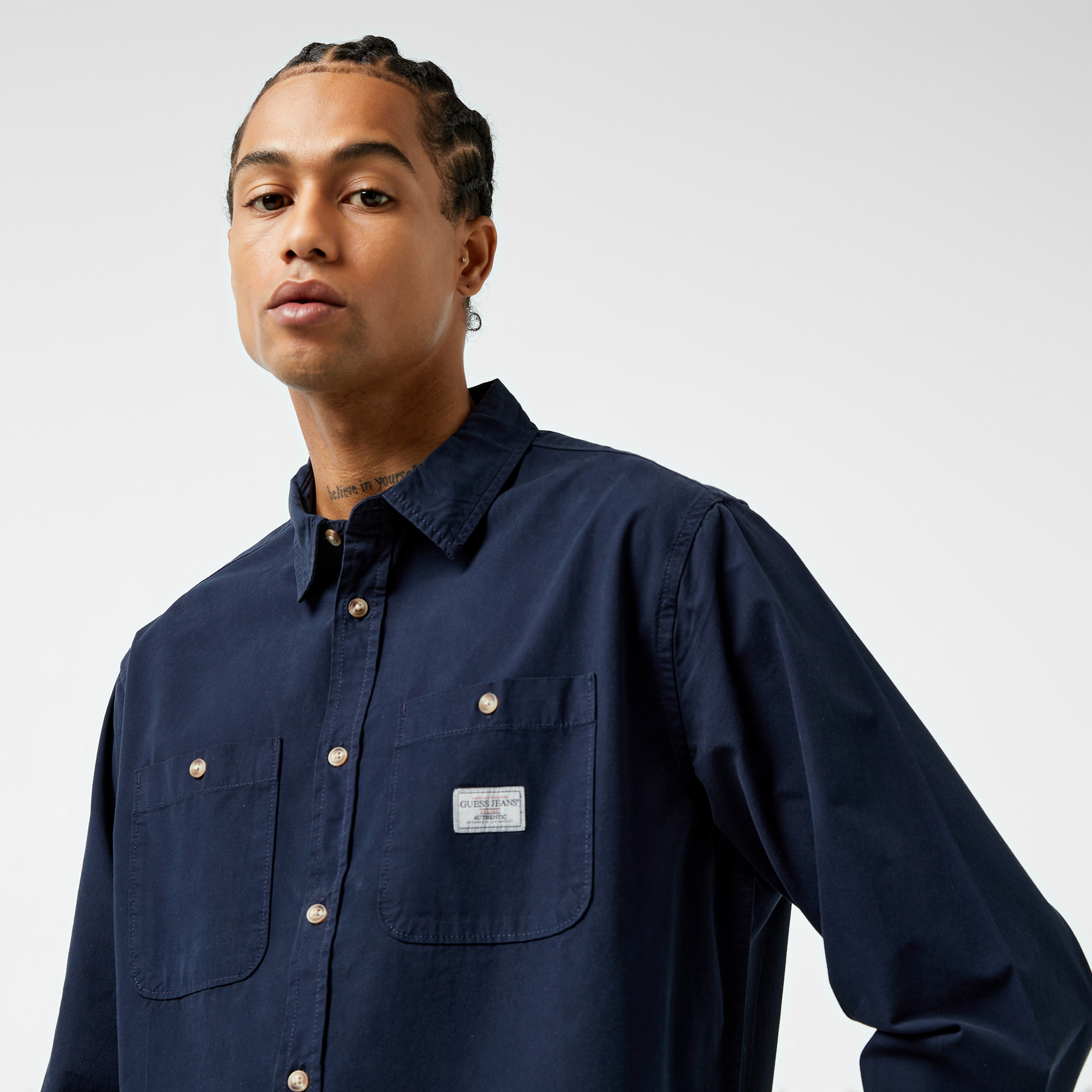 Guess Re Pockets Sh Organic Cotton Poplin 176 Erkek Lacivert Gömlek