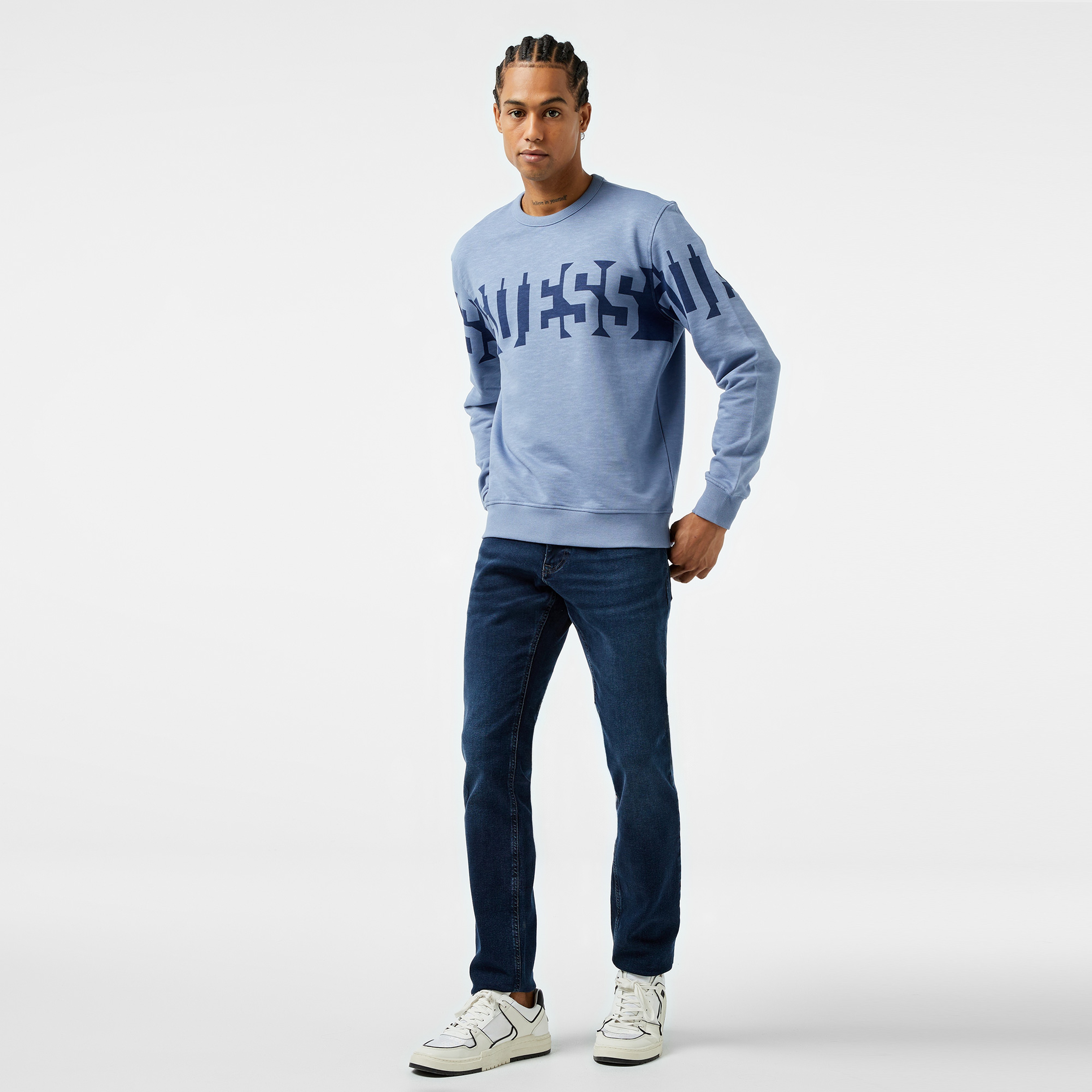 Guess Orizontal Logo Slub Terry 365 Erkek Mavi Sweatshirt
