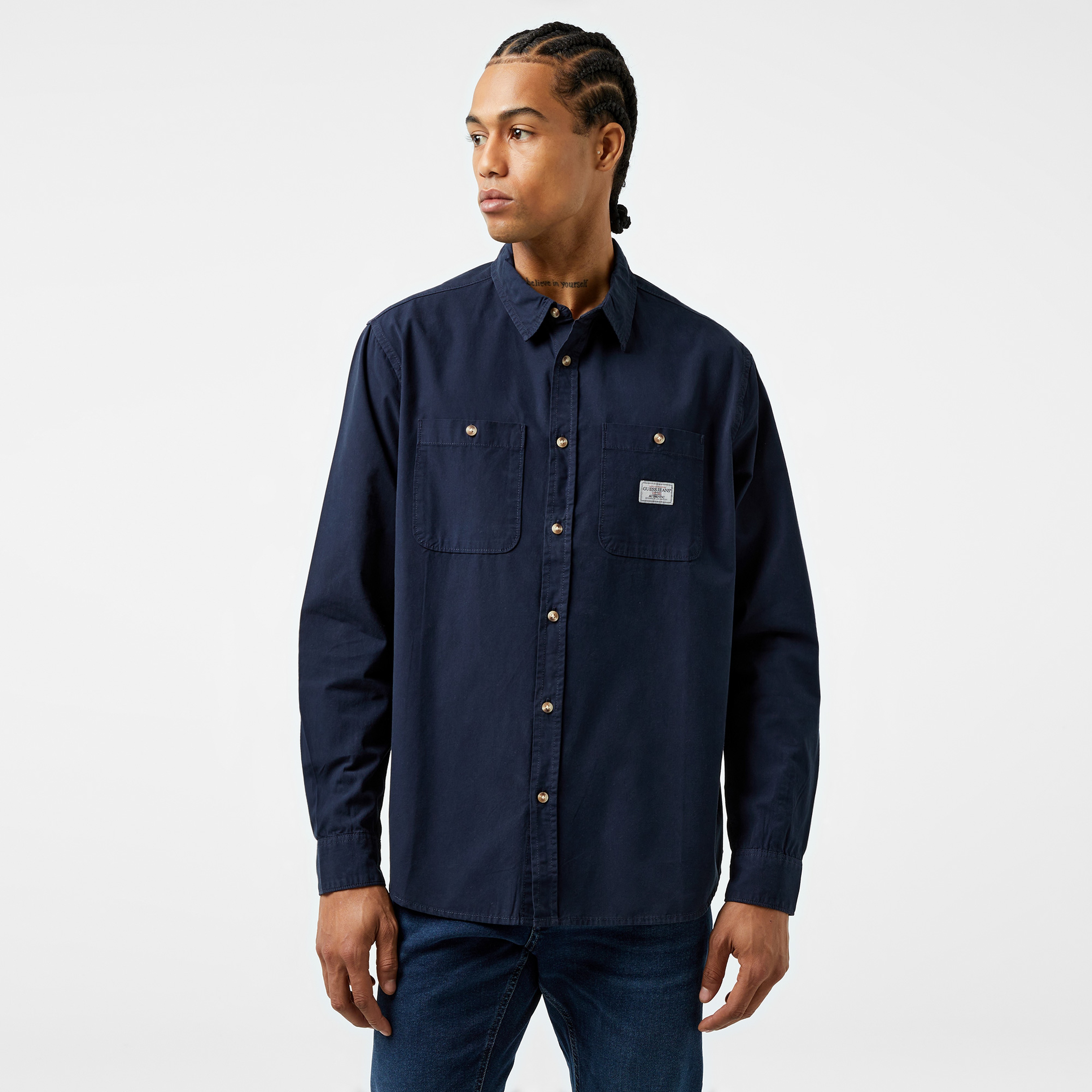 Guess Re Pockets Sh Organic Cotton Poplin 176 Erkek Lacivert Gömlek