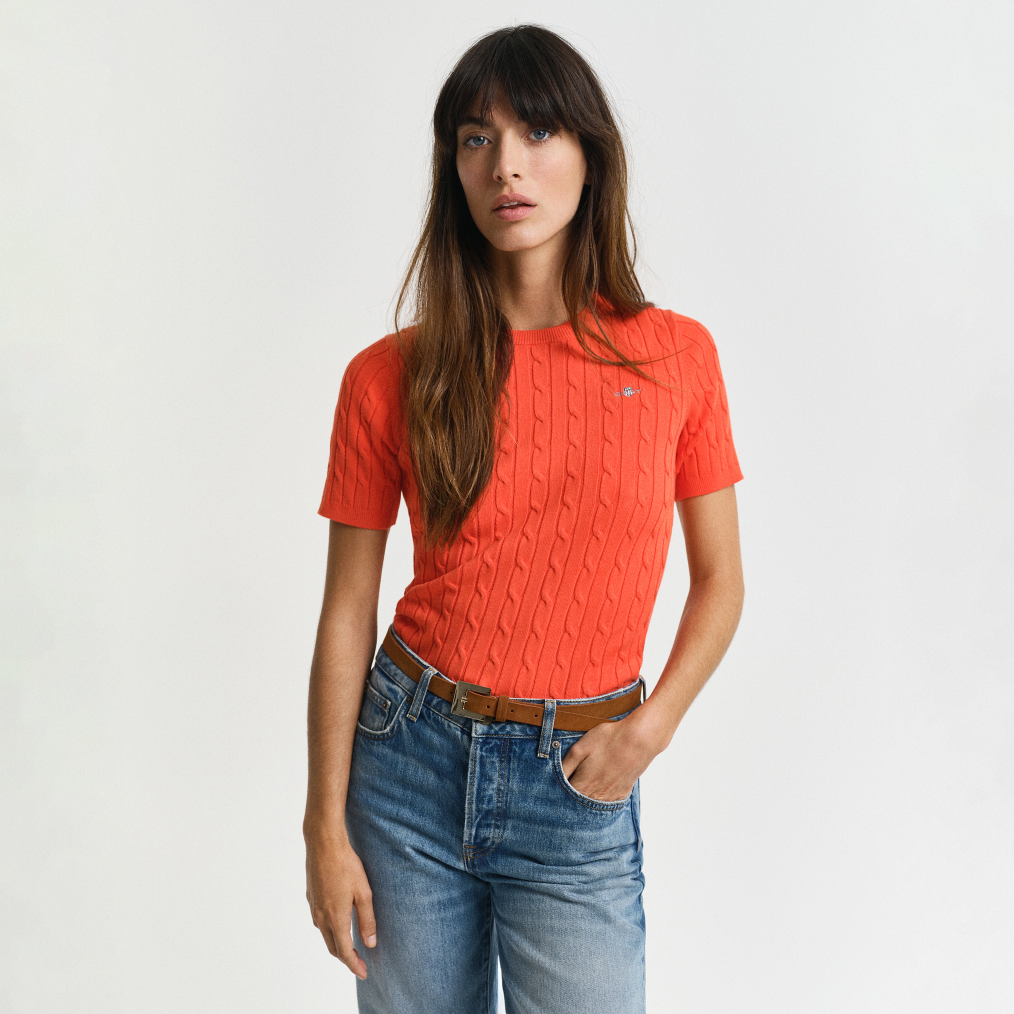 GANT Kadın Turuncu Slim Fit Bisiklet Yaka Kısa Kollu Kazak