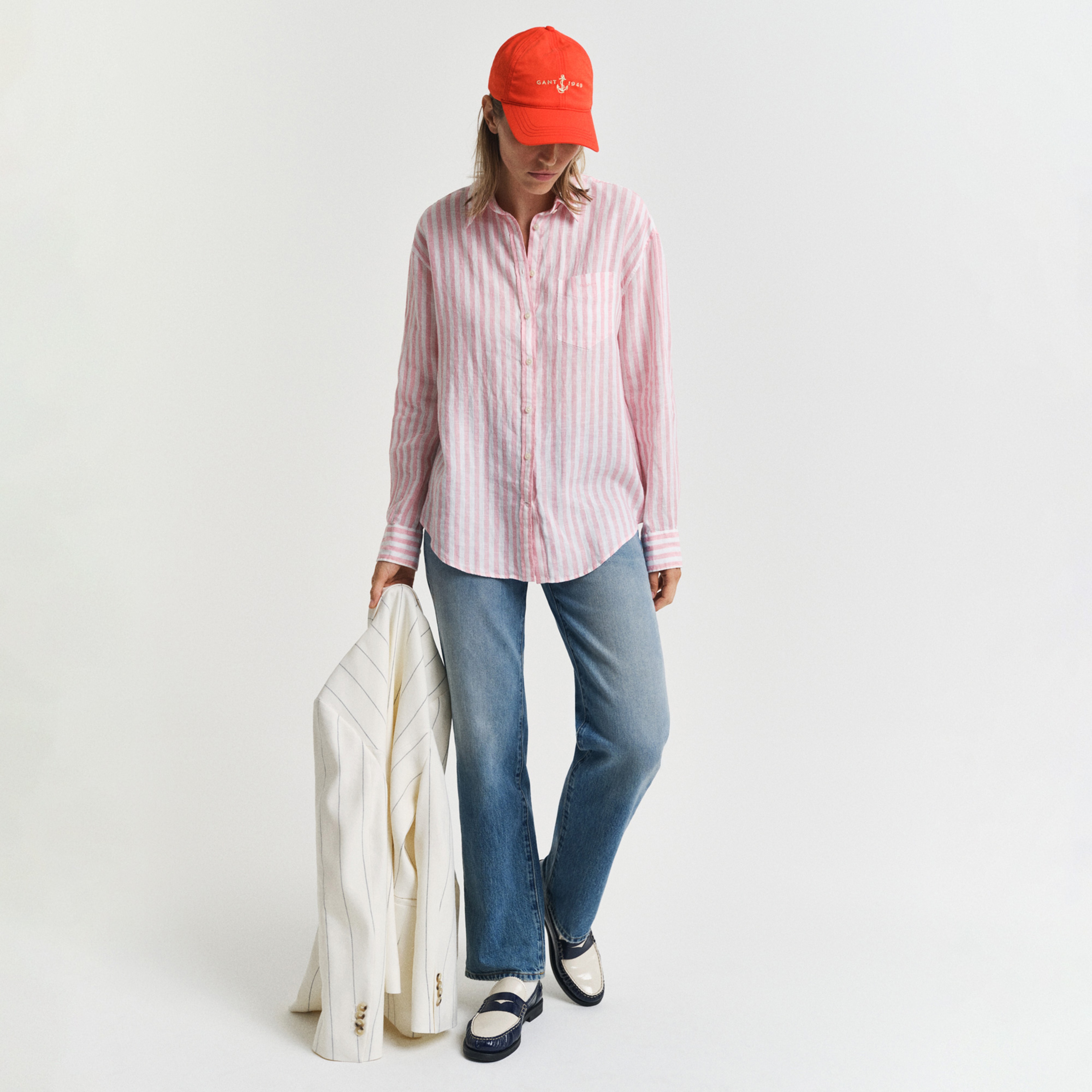 GANT Kadın Pembe Relaxed Fit Klasik Yaka Çizgili Gömlek