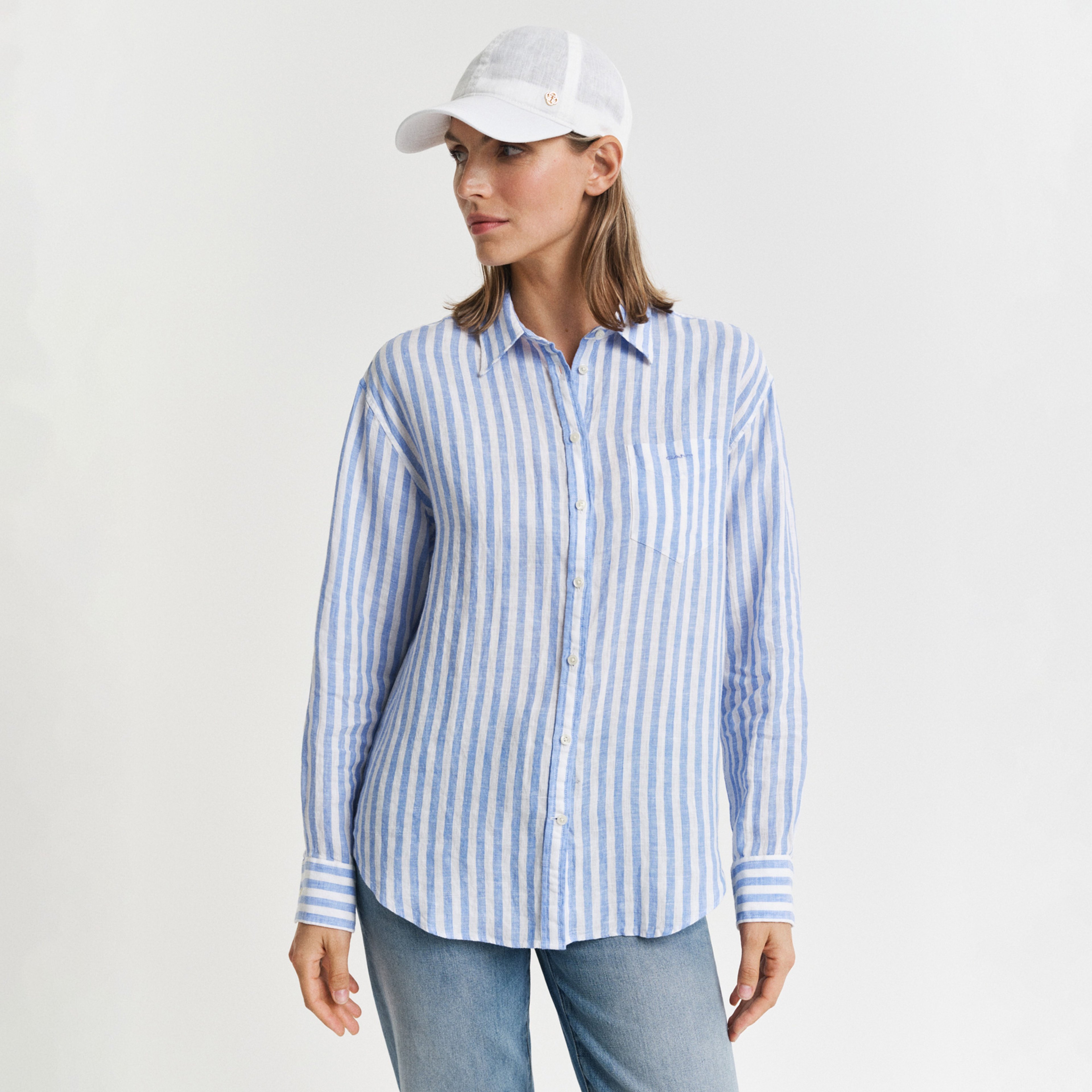 GANT Kadın Mavi Relaxed Fit Klasik Yaka Çizgili Gömlek