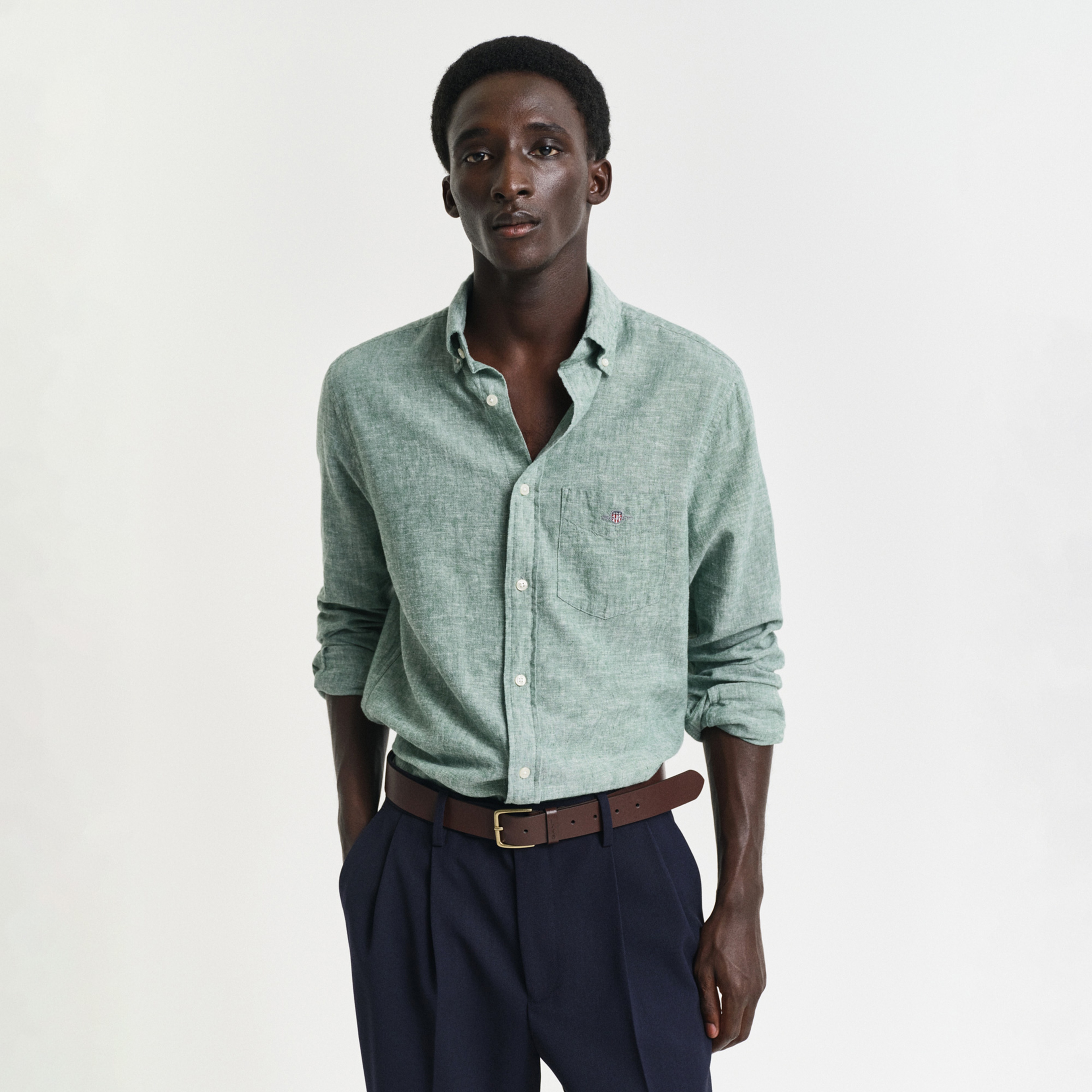 GANT Erkek Yeşil Regular Fit Düğmeli Yaka Keten Gömlek