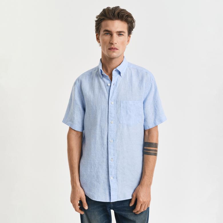 GANT Erkek Mavi Regular Fit Düğmeli Yaka Keten Gömlek