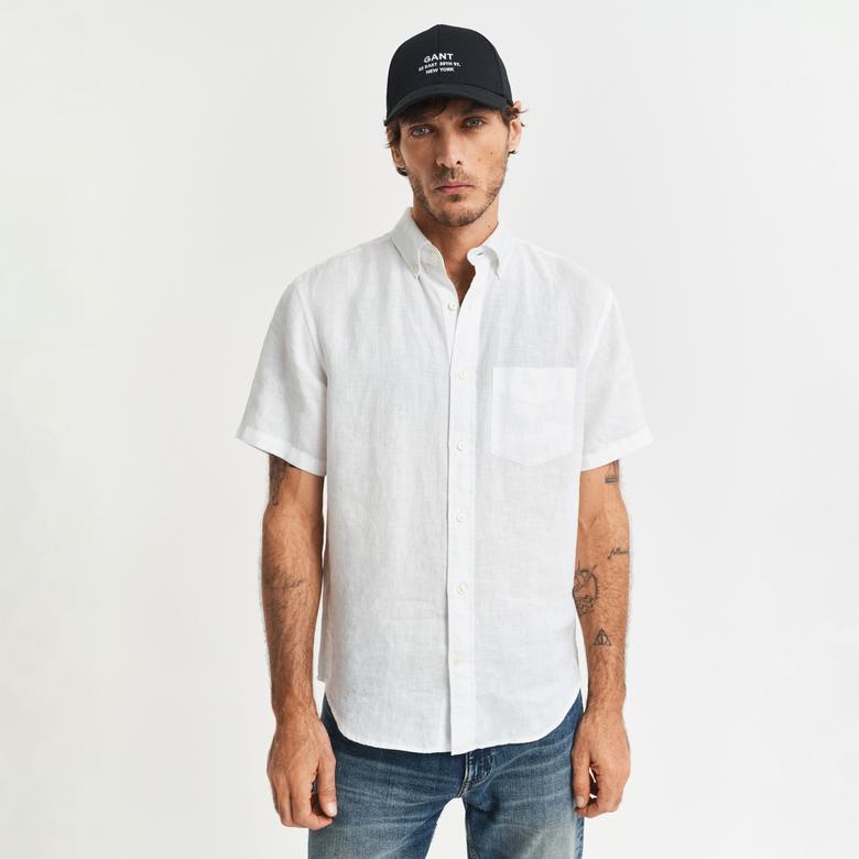 GANT Erkek Beyaz Regular Fit Düğmeli Yaka Keten Gömlek