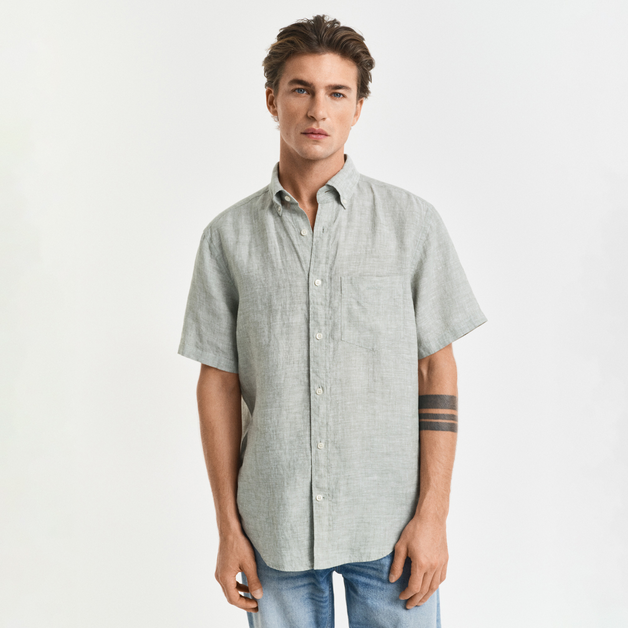 GANT Erkek Yeşil Regular Fit Düğmeli Yaka Keten Gömlek