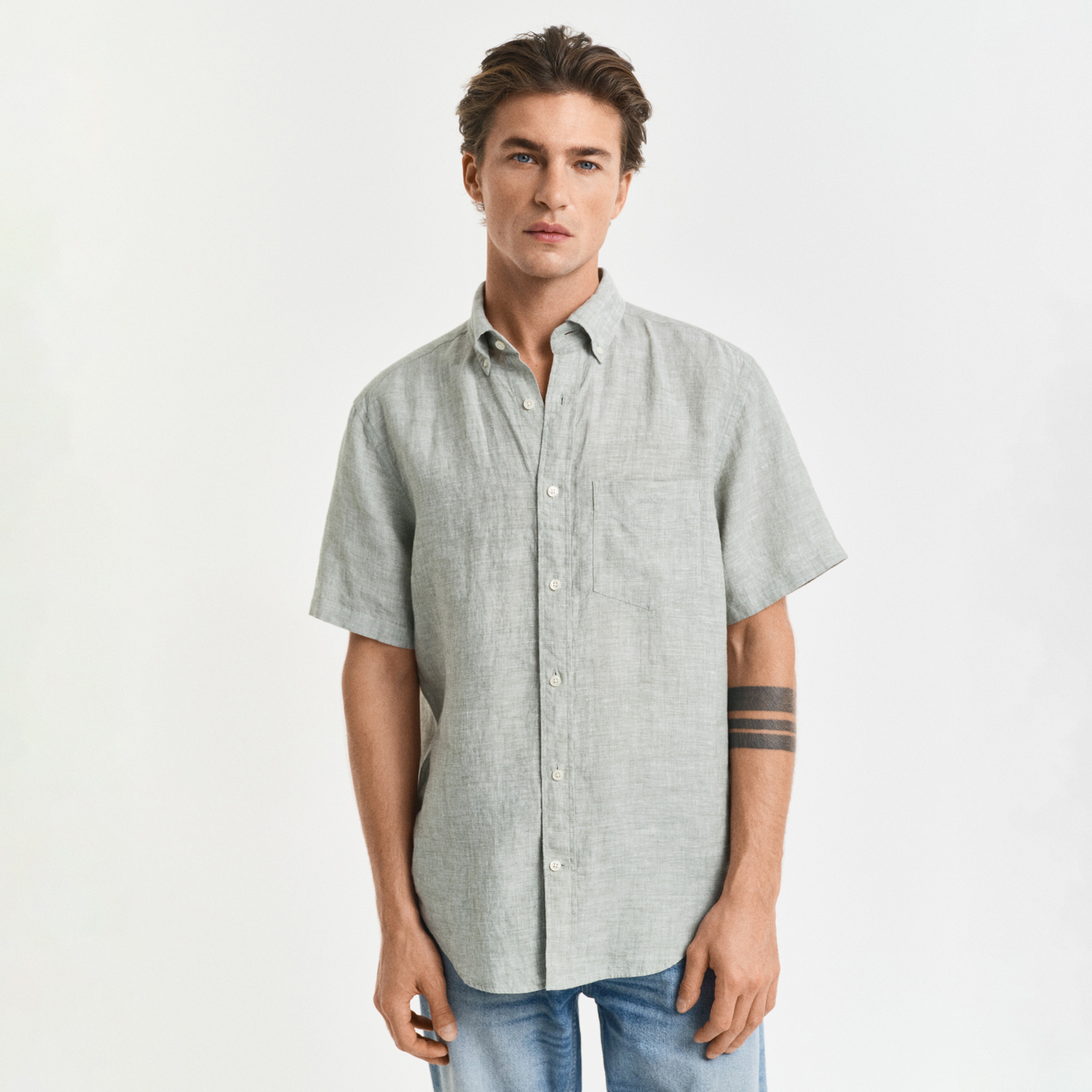 GANT Erkek Yeşil Regular Fit Düğmeli Yaka Keten Gömlek