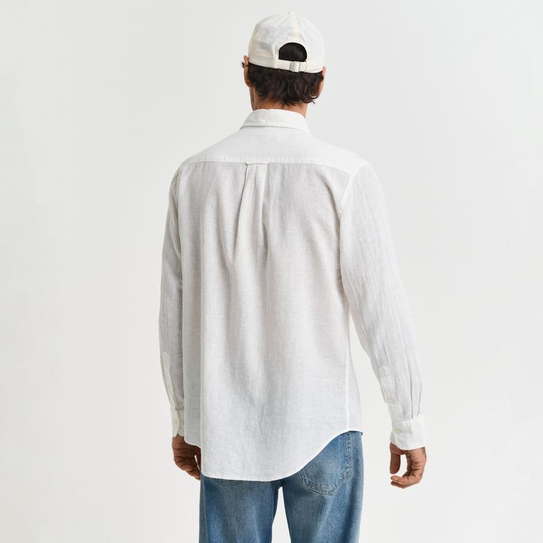 GANT Erkek Beyaz Regular Fit Düğmeli Yaka Keten Gömlek