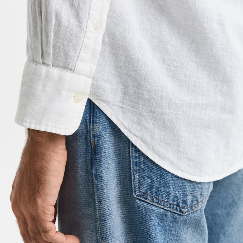 GANT Erkek Beyaz Regular Fit Düğmeli Yaka Keten Gömlek