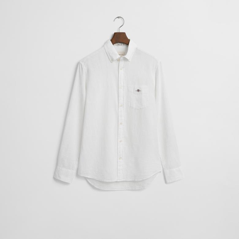 GANT Erkek Beyaz Regular Fit Düğmeli Yaka Keten Gömlek