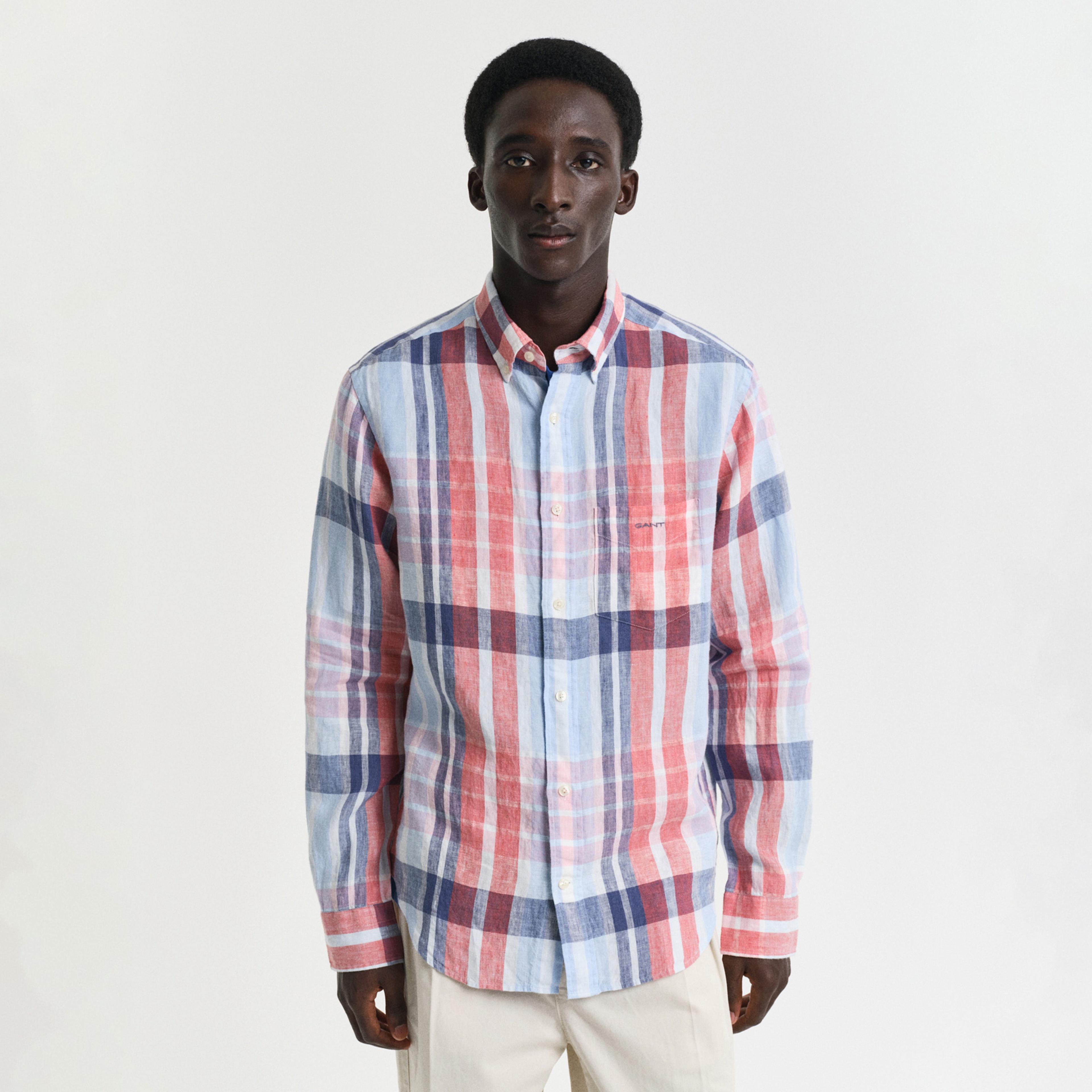 GANT Erkek Kırmızı Regular Fit Düğmeli Yaka Kareli Keten Gömlek