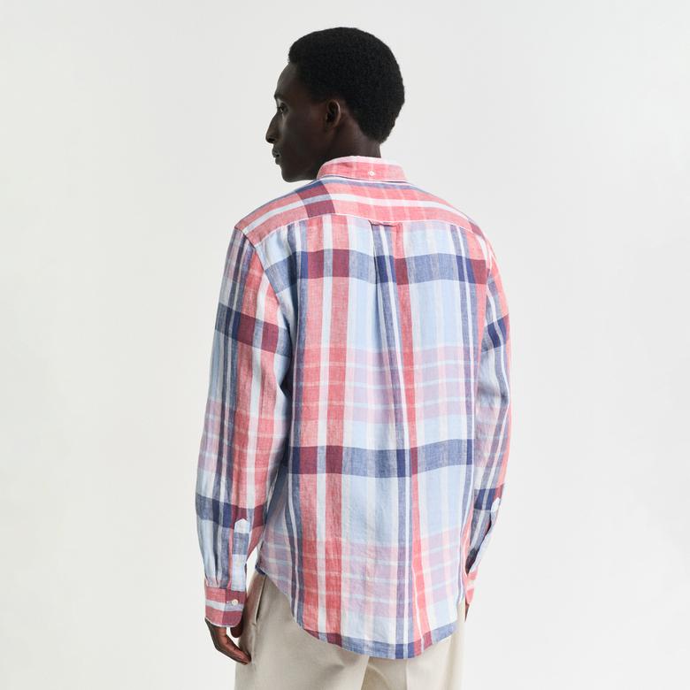 GANT Erkek Kırmızı Regular Fit Düğmeli Yaka Kareli Keten Gömlek