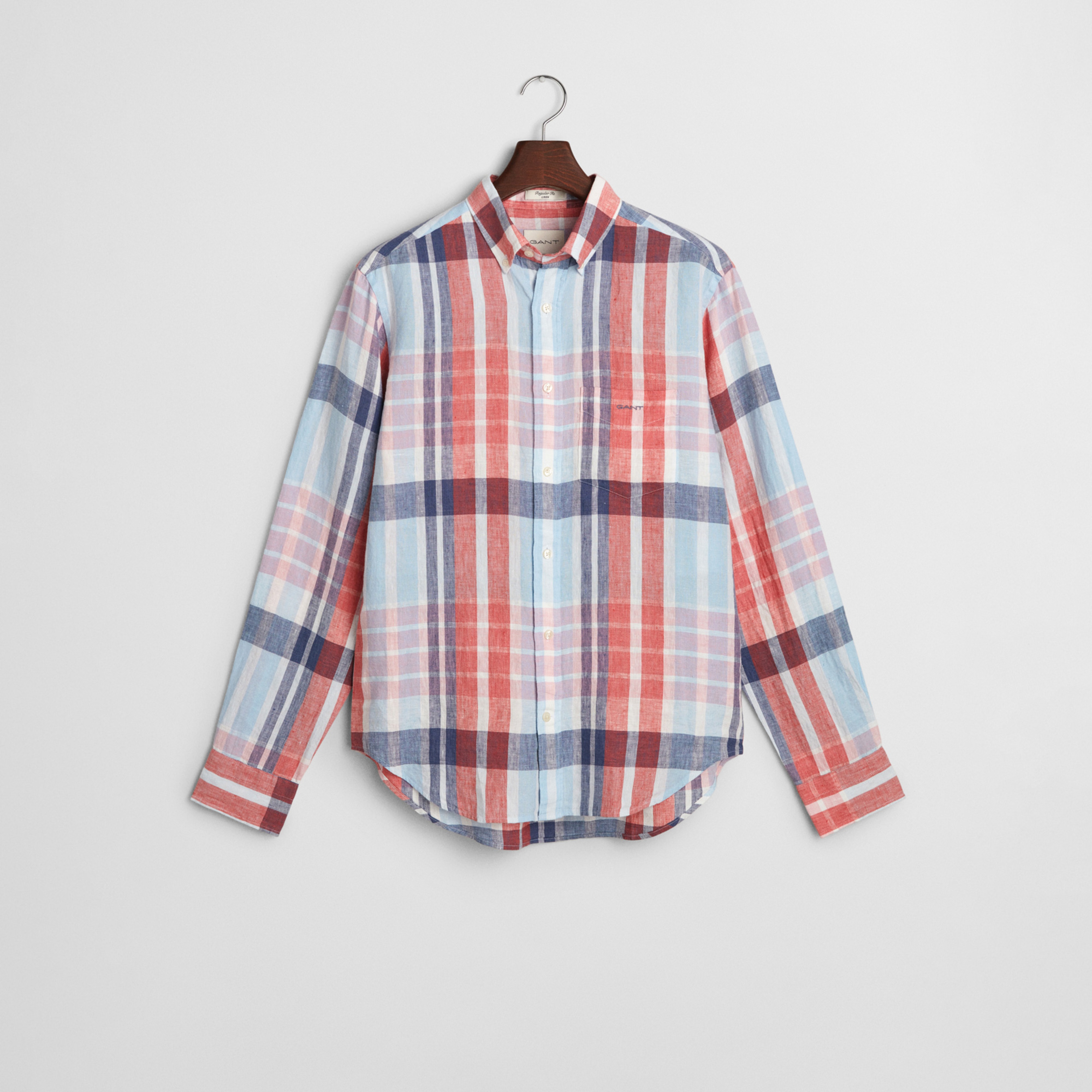 GANT Erkek Kırmızı Regular Fit Düğmeli Yaka Kareli Keten Gömlek