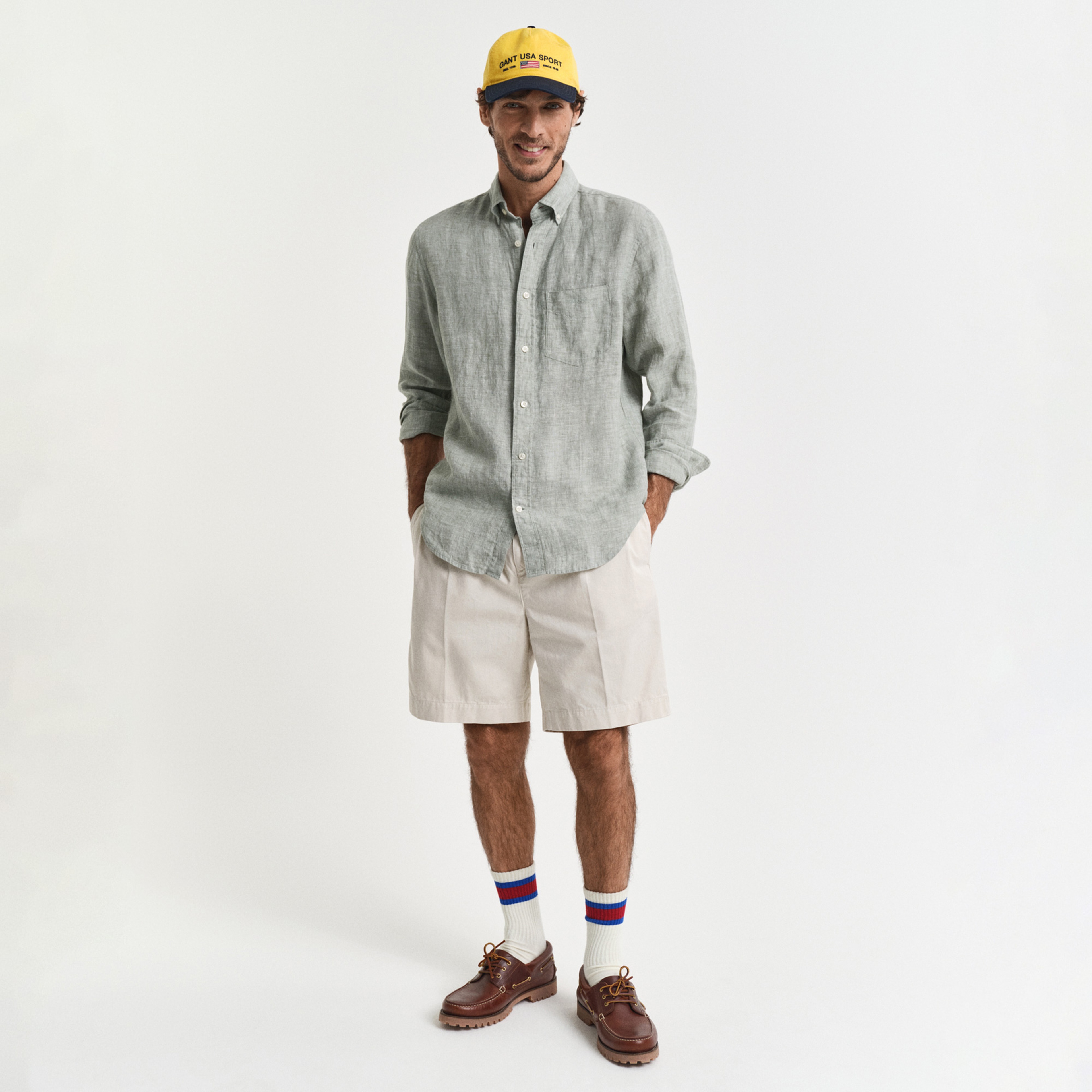 GANT Erkek Yeşil Regular Fit Düğmeli Yaka Keten Gömlek