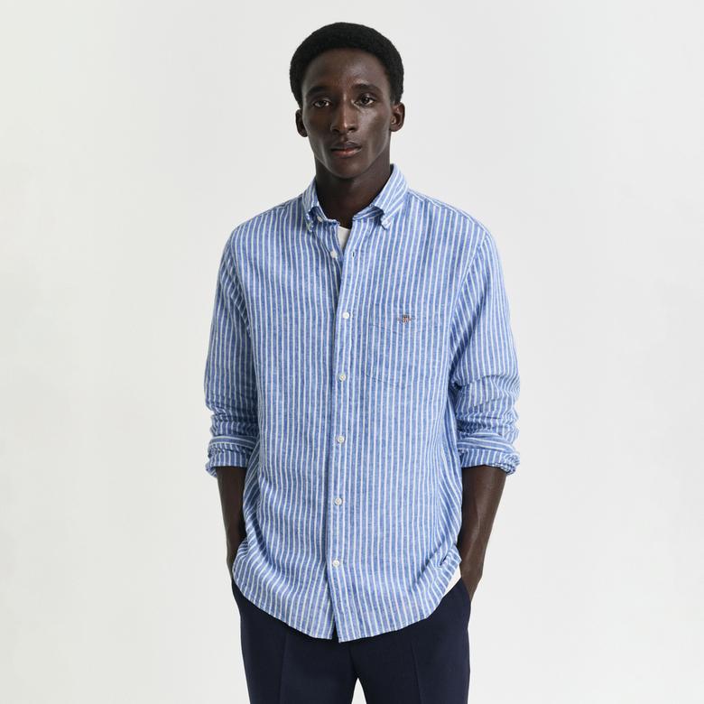 GANT Erkek Lacivert Regular Fit Düğmeli Yaka Çizgili Keten Gömlek
