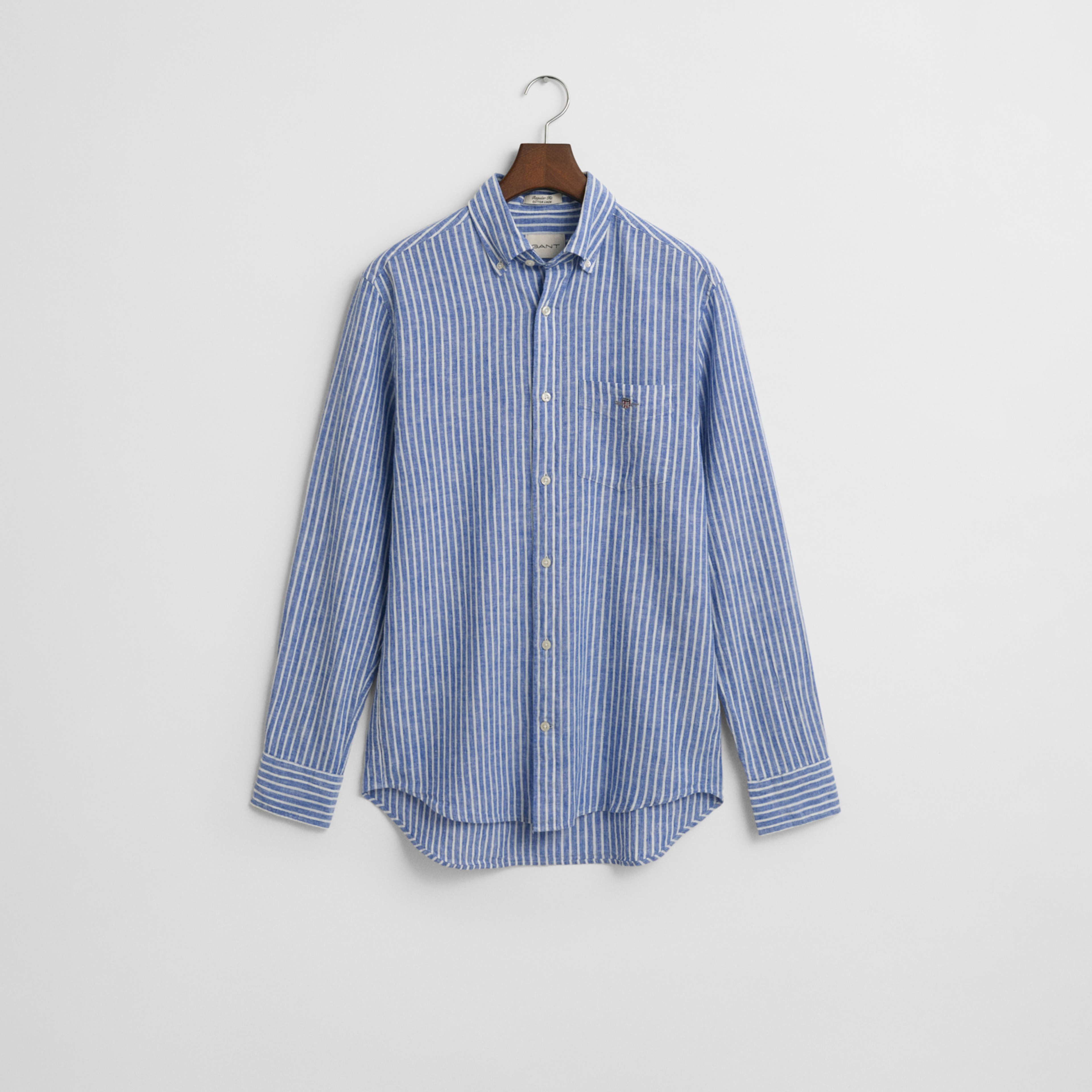 GANT Erkek Lacivert Regular Fit Düğmeli Yaka Çizgili Keten Gömlek