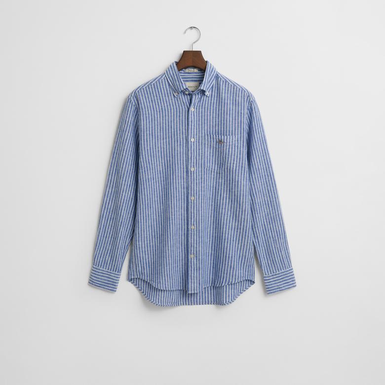 GANT Erkek Lacivert Regular Fit Düğmeli Yaka Çizgili Keten Gömlek
