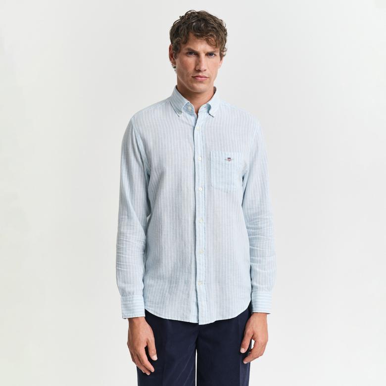 GANT Erkek Mavi Regular Fit Düğmeli Yaka Çizgili Keten Gömlek