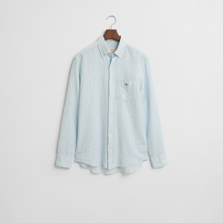 GANT Erkek Mavi Regular Fit Düğmeli Yaka Çizgili Keten Gömlek