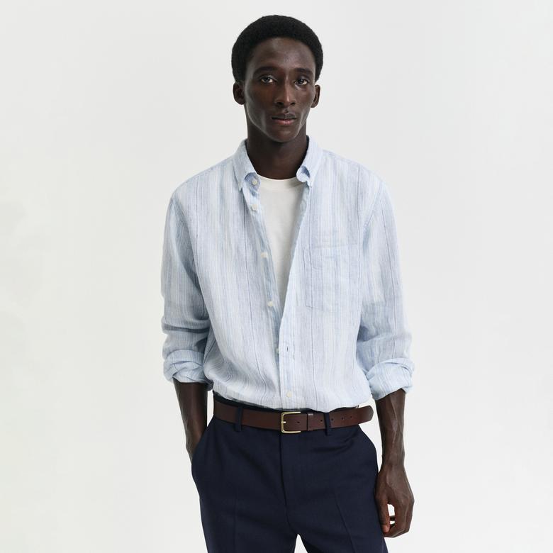 GANT Erkek Mavi Regular Fit Düğmeli Yaka Çizgili Gömlek