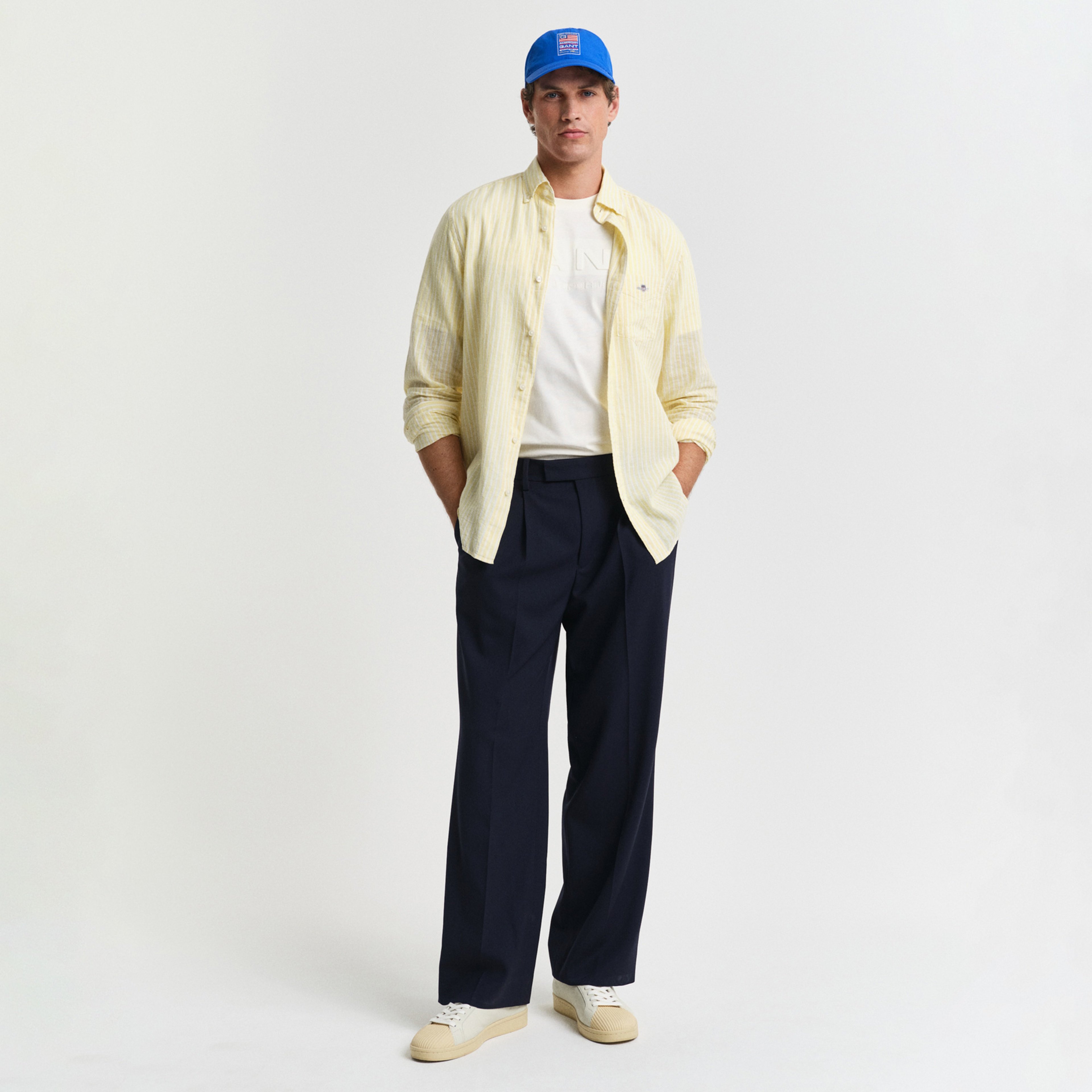 GANT Erkek Sarı Regular Fit Düğmeli Yaka Çizgili Keten Gömlek