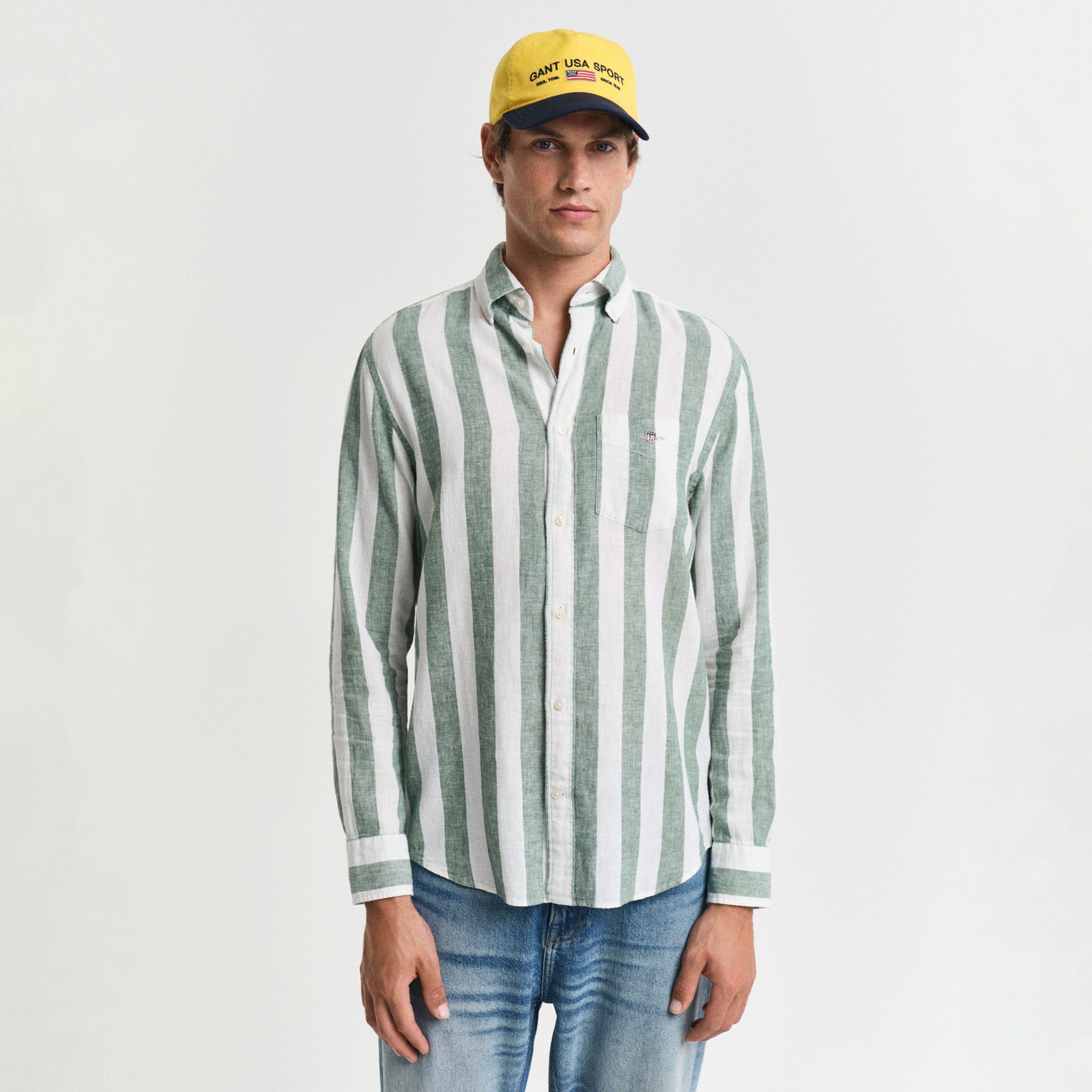 GANT Erkek Yeşil Regular Fit Düğmeli Yaka Çizgili Gömlek