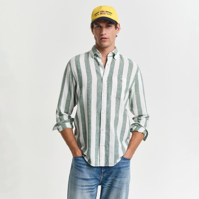 GANT Erkek Yeşil Regular Fit Düğmeli Yaka Çizgili Gömlek