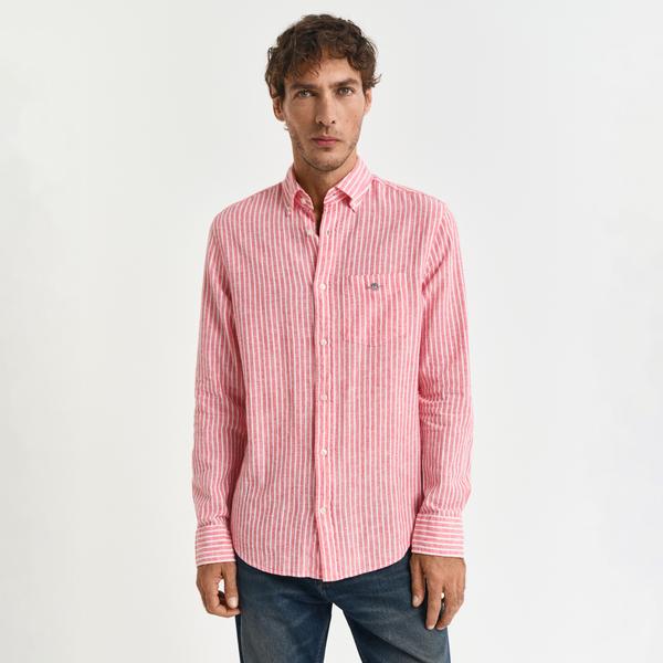 GANT Erkek Kırmızı Regular Fit Düğmeli Yaka Çizgili Keten Gömlek