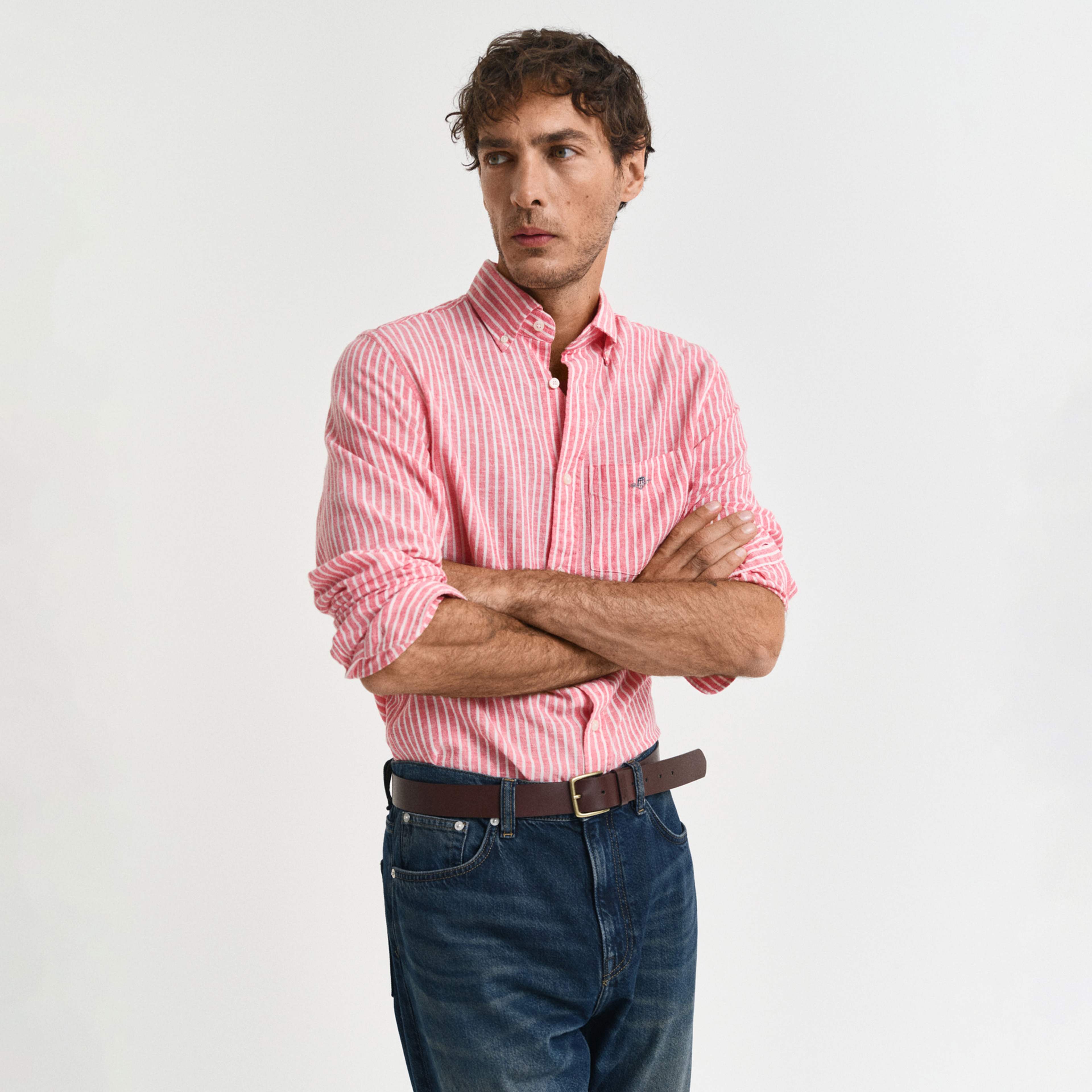 GANT Erkek Kırmızı Regular Fit Düğmeli Yaka Çizgili Keten Gömlek