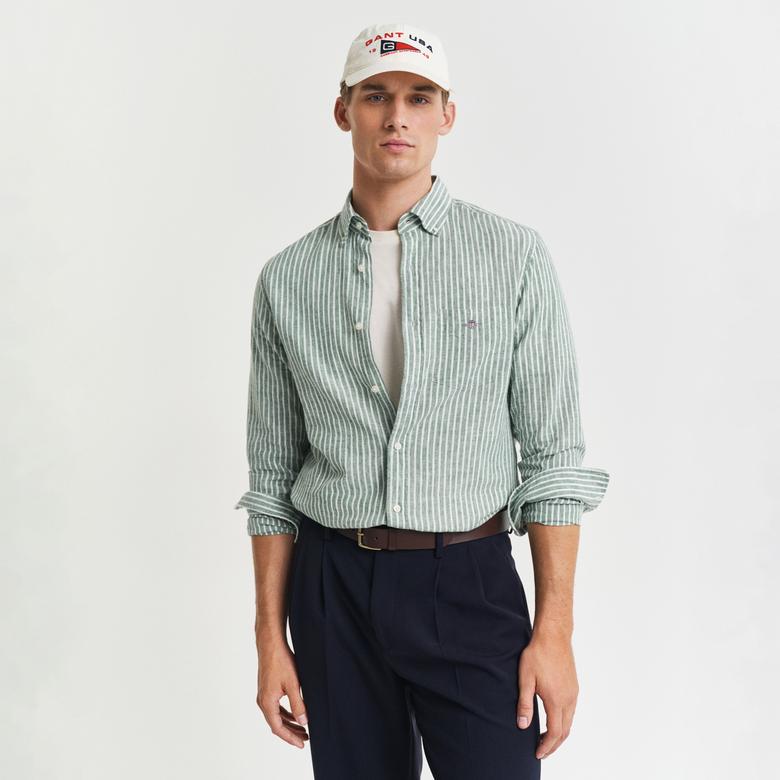 GANT Erkek Yeşil Regular Fit Düğmeli Yaka Çizgili Keten Gömlek