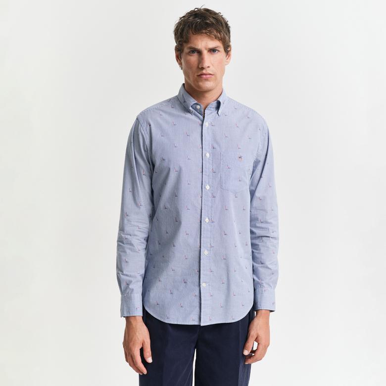 GANT Erkek Lacivert Regular Fit Düğmeli Yaka Çizgili Gömlek