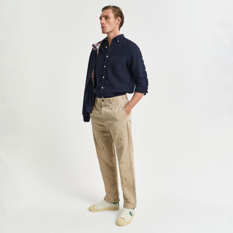 GANT Erkek Lacivert Regular Fit Düğmeli Yaka Keten Gömlek