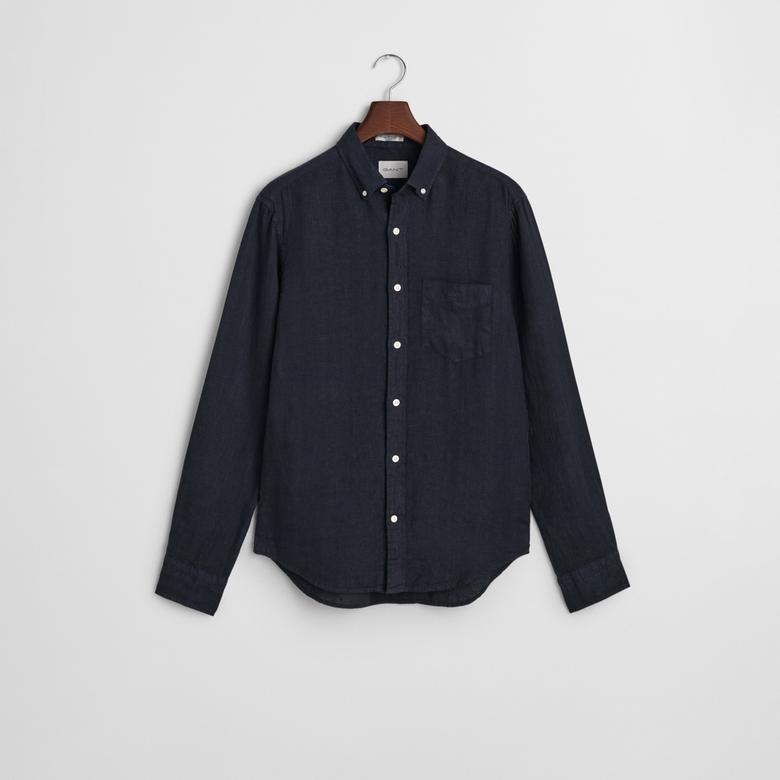 GANT Erkek Lacivert Regular Fit Düğmeli Yaka Keten Gömlek