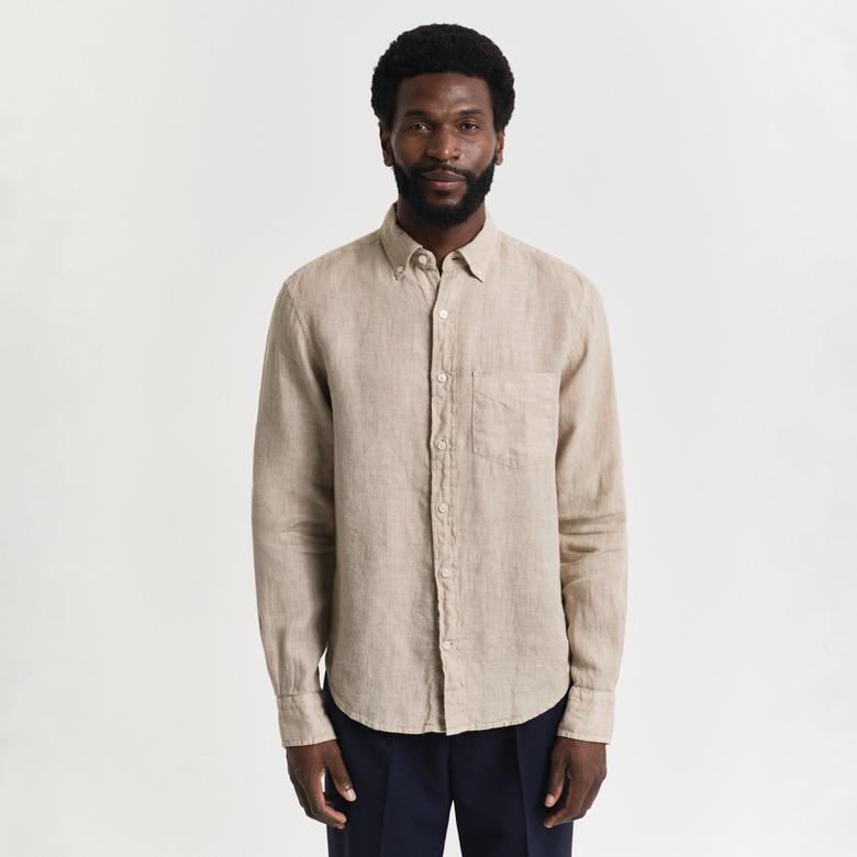 GANT Erkek Bej Regular Fit Düğmeli Yaka Keten Gömlek