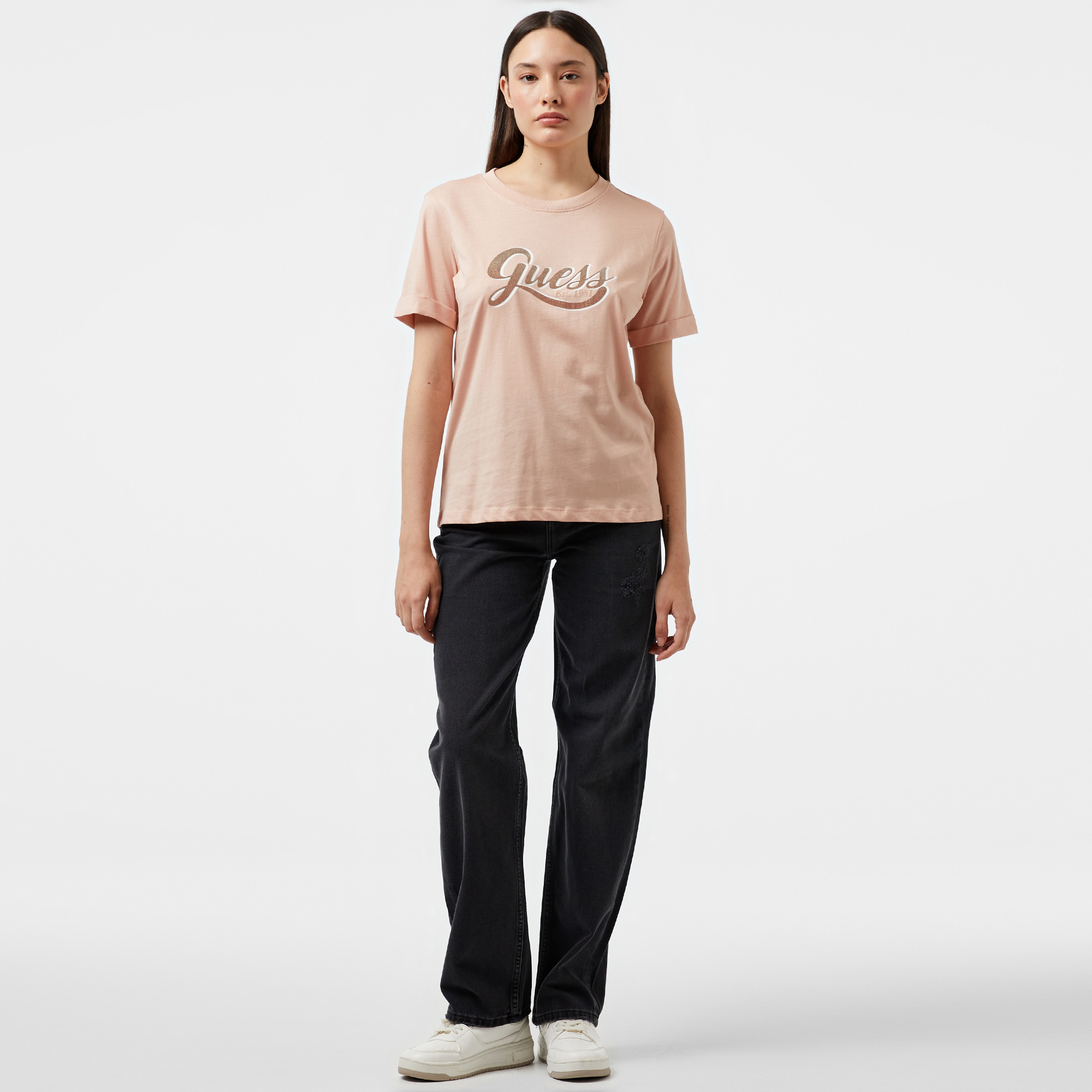 Guess Glittery Logo Mid Organic Coloured Jersey Kadın Bej T-Shirt