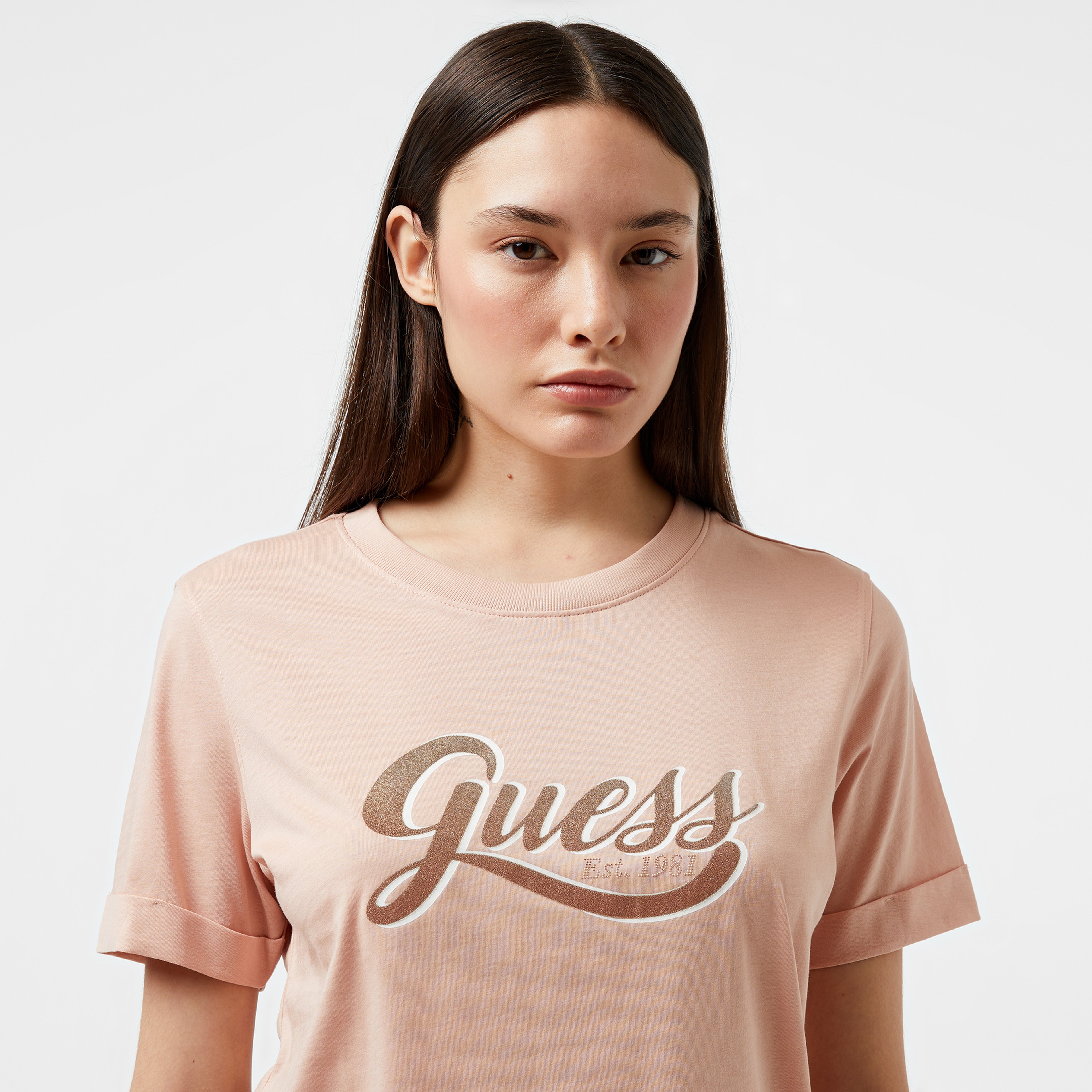 Guess Glittery Logo Mid Organic Coloured Jersey Kadın Bej T-Shirt