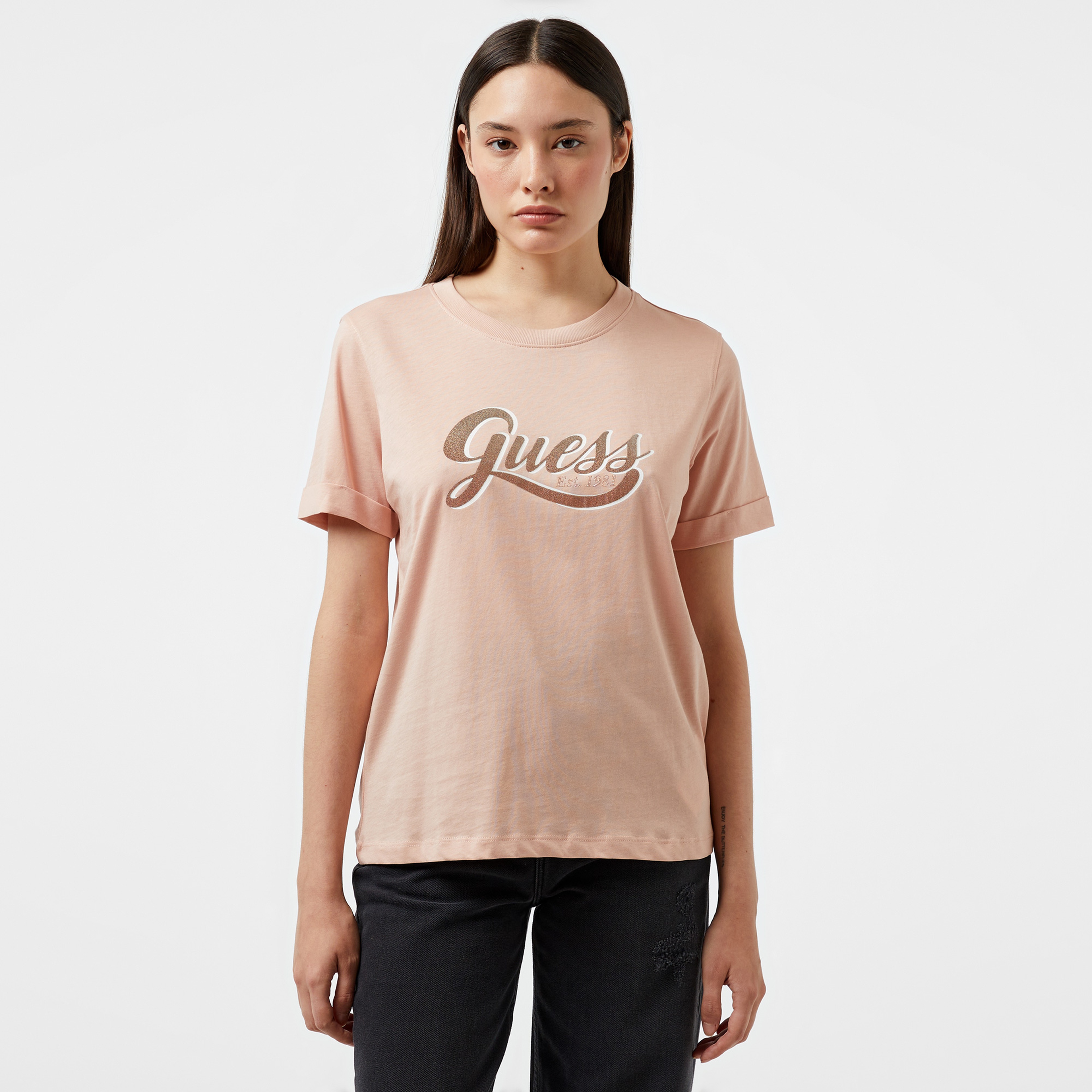 Guess Glittery Logo Mid Organic Coloured Jersey Kadın Bej T-Shirt