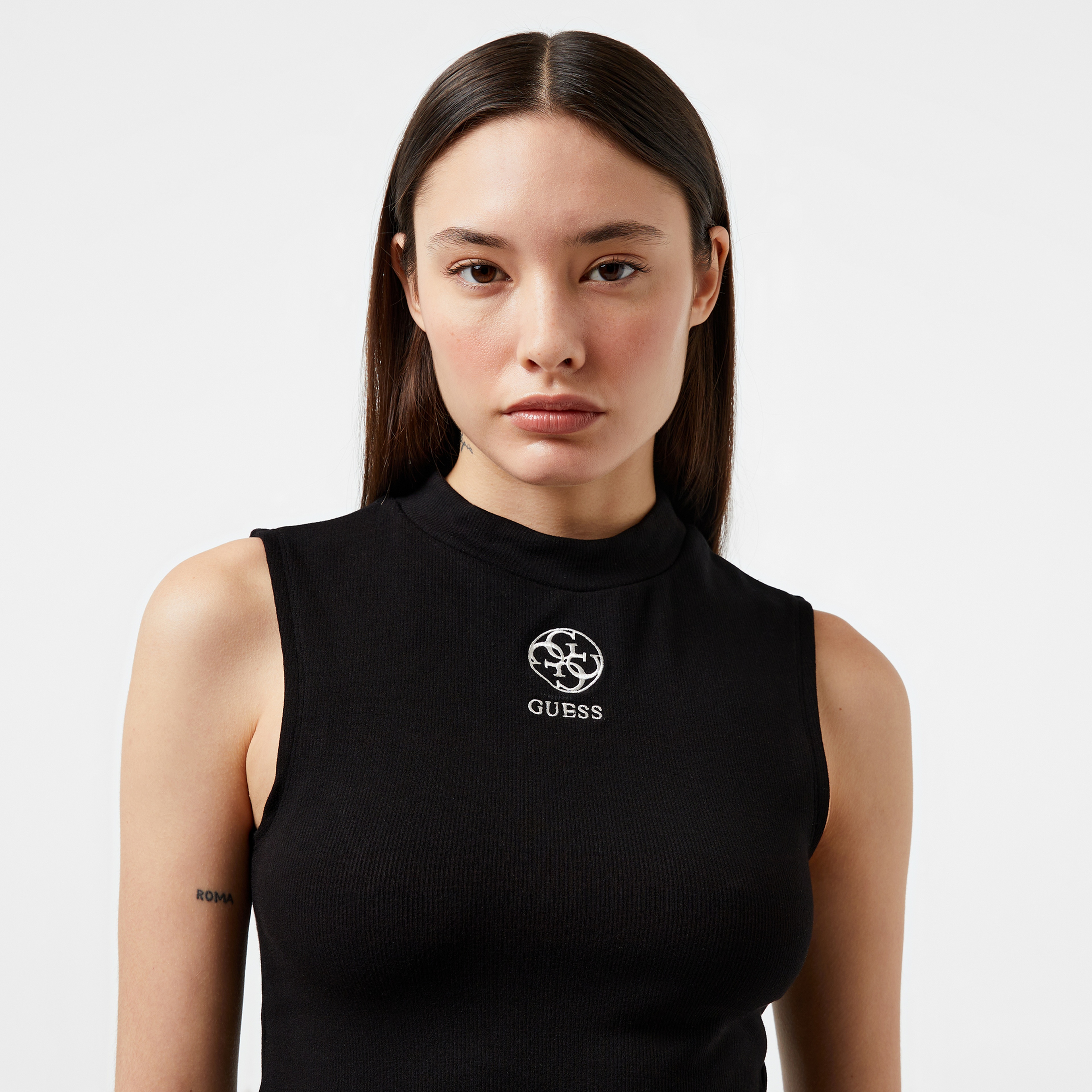 Guess Eléa Knit Top Rayon Stretch Ribbed Knit Kadın Siyah Top