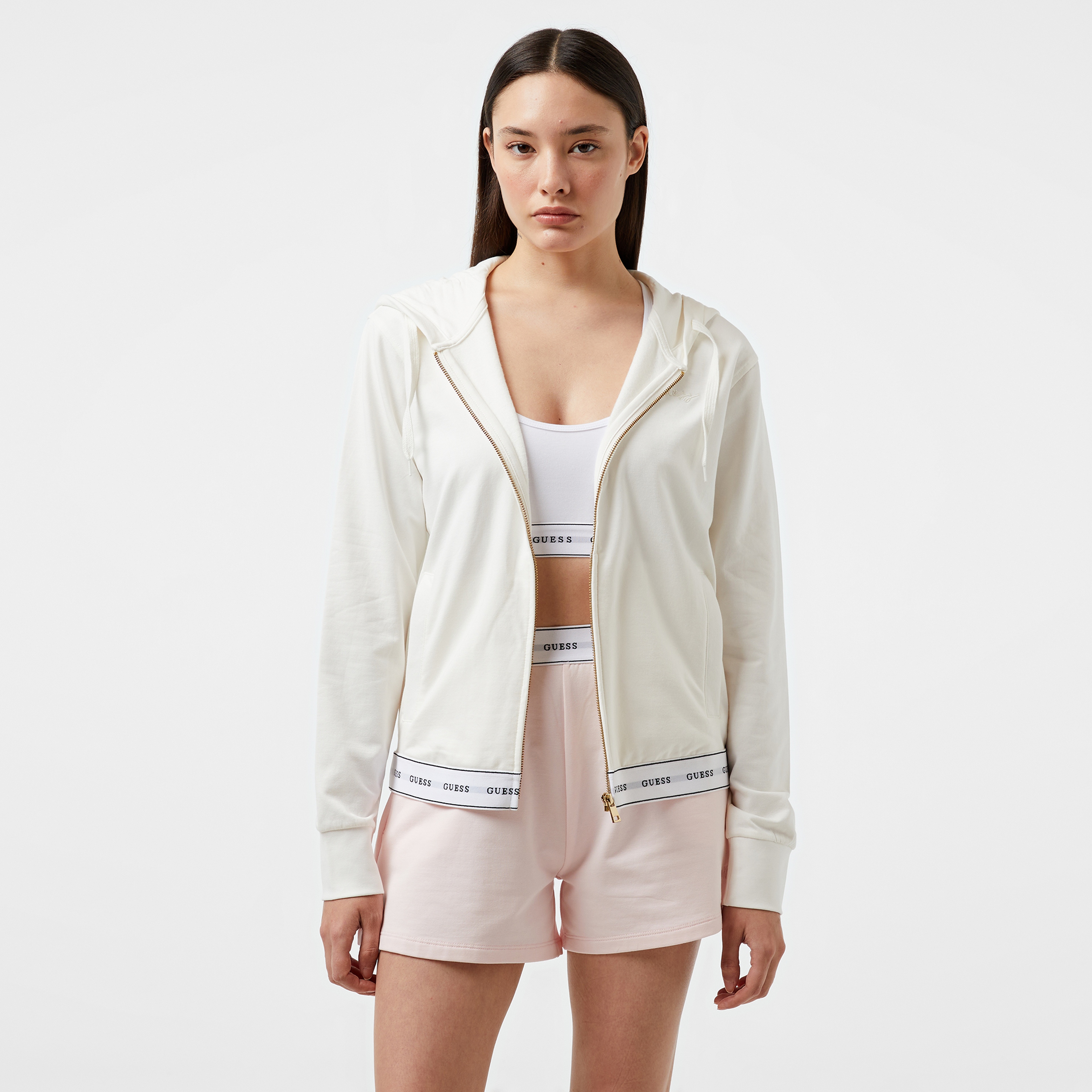 Guess Carrie Zip Org. Co Cozy Fleece 250 Kadın Beyaz Pijama Üstü