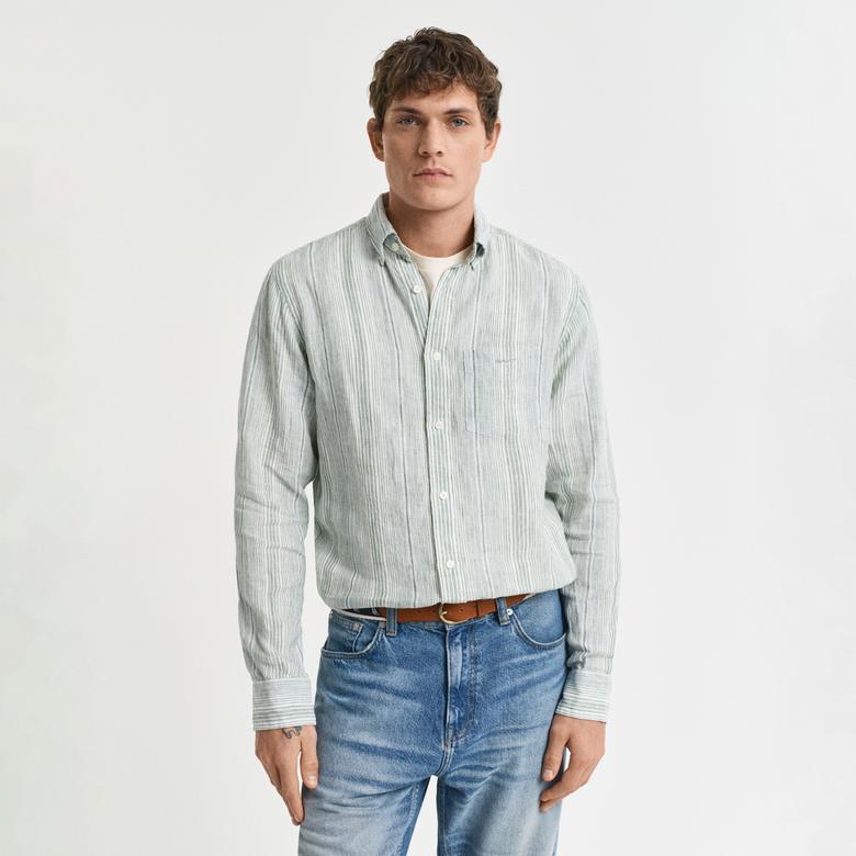 GANT Erkek Yeşil Regular Fit Düğmeli Yaka Çizgili Gömlek