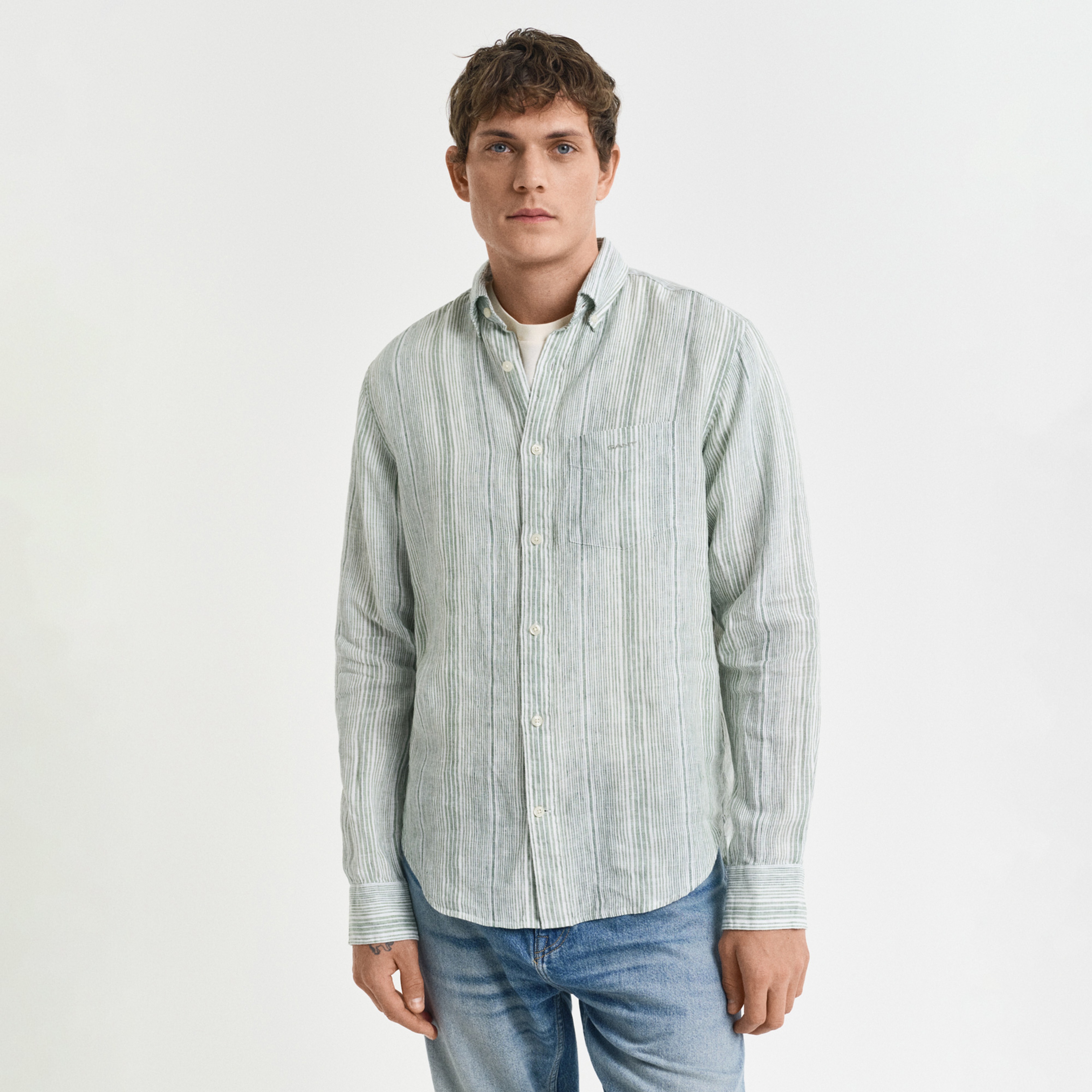 GANT Erkek Yeşil Regular Fit Düğmeli Yaka Çizgili Gömlek