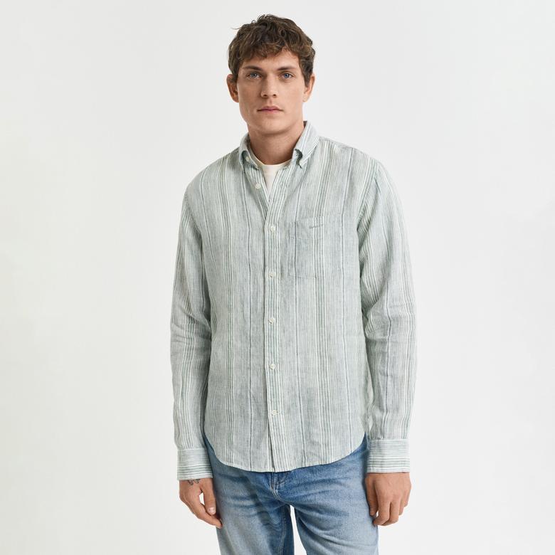 GANT Erkek Yeşil Regular Fit Düğmeli Yaka Çizgili Gömlek