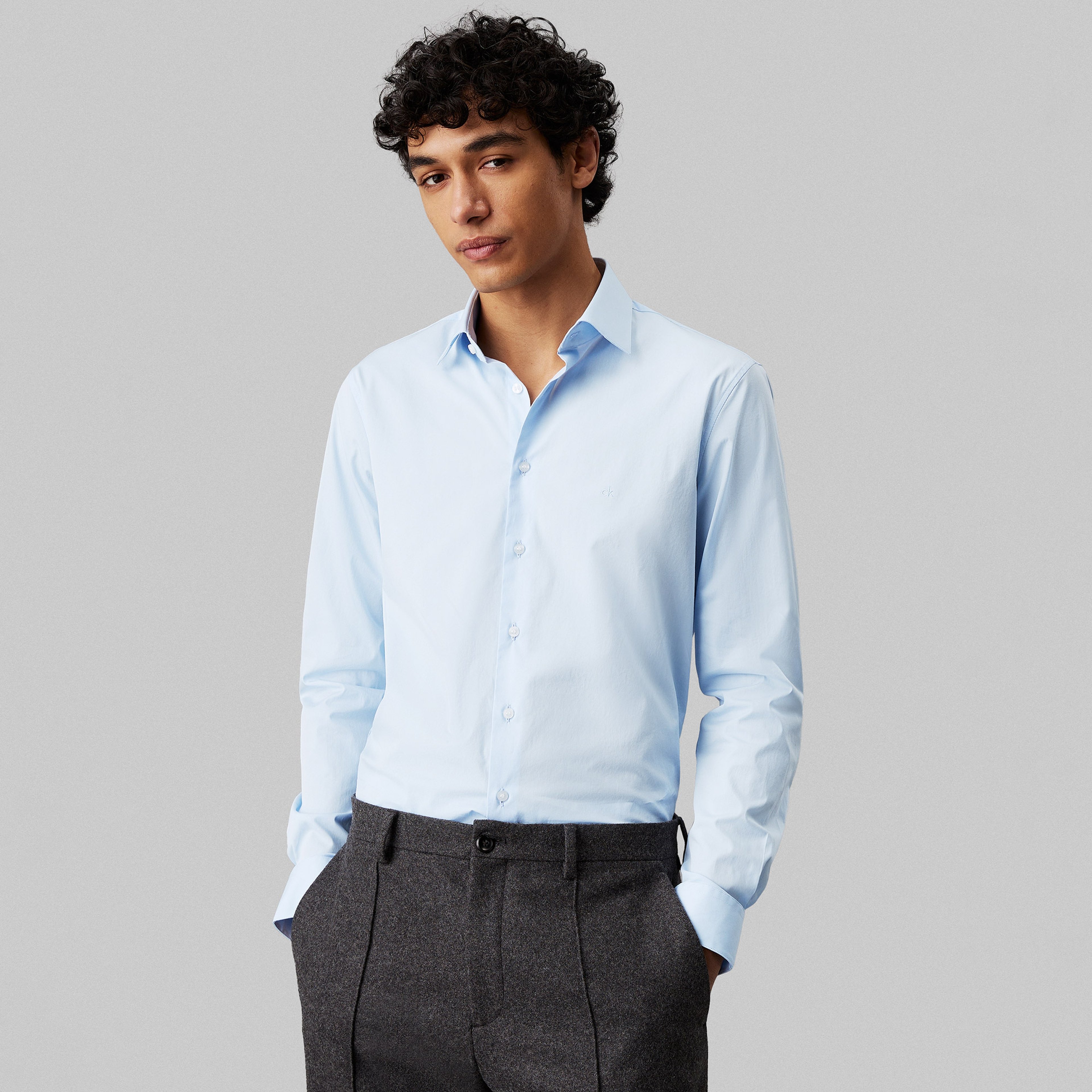 Calvin Klein Poplin Stretch Regular Erkek Mavi Gömlek