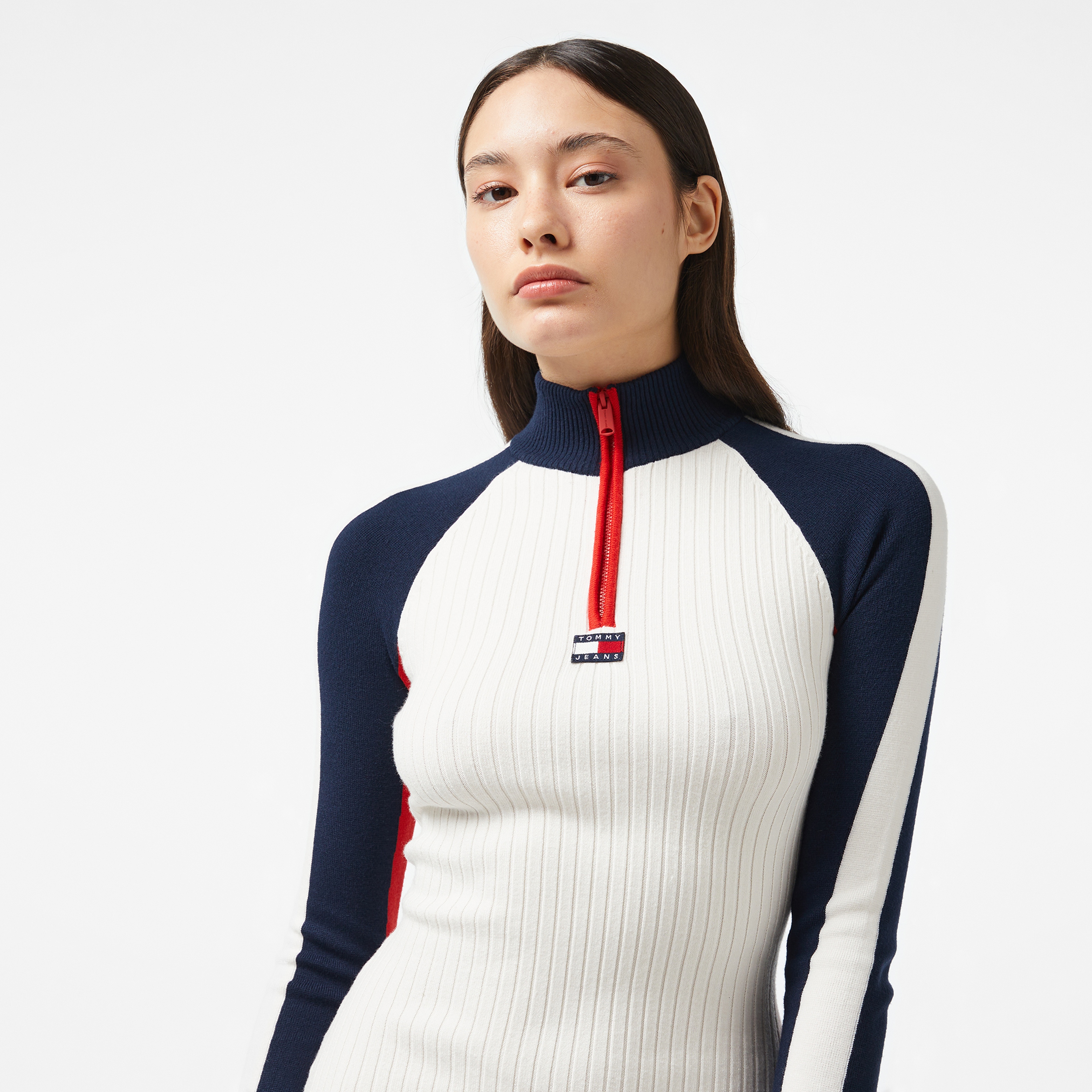 Tommy Hilfiger Jeans Colorblock Rib Kadın Beyaz Elbise
