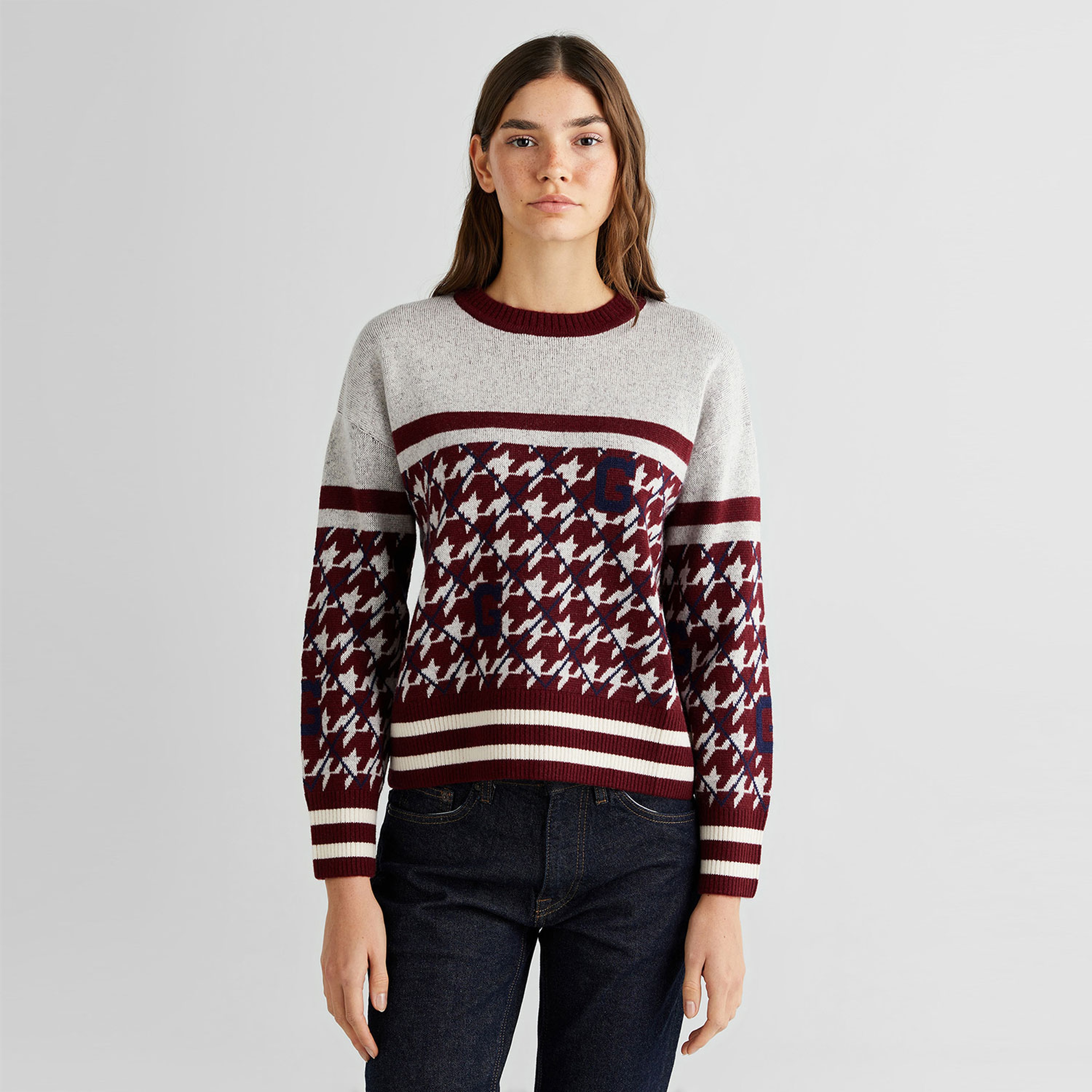 GANT Kadın Bordo Relaxed Fit Bisiklet Yaka Logolu Kazak